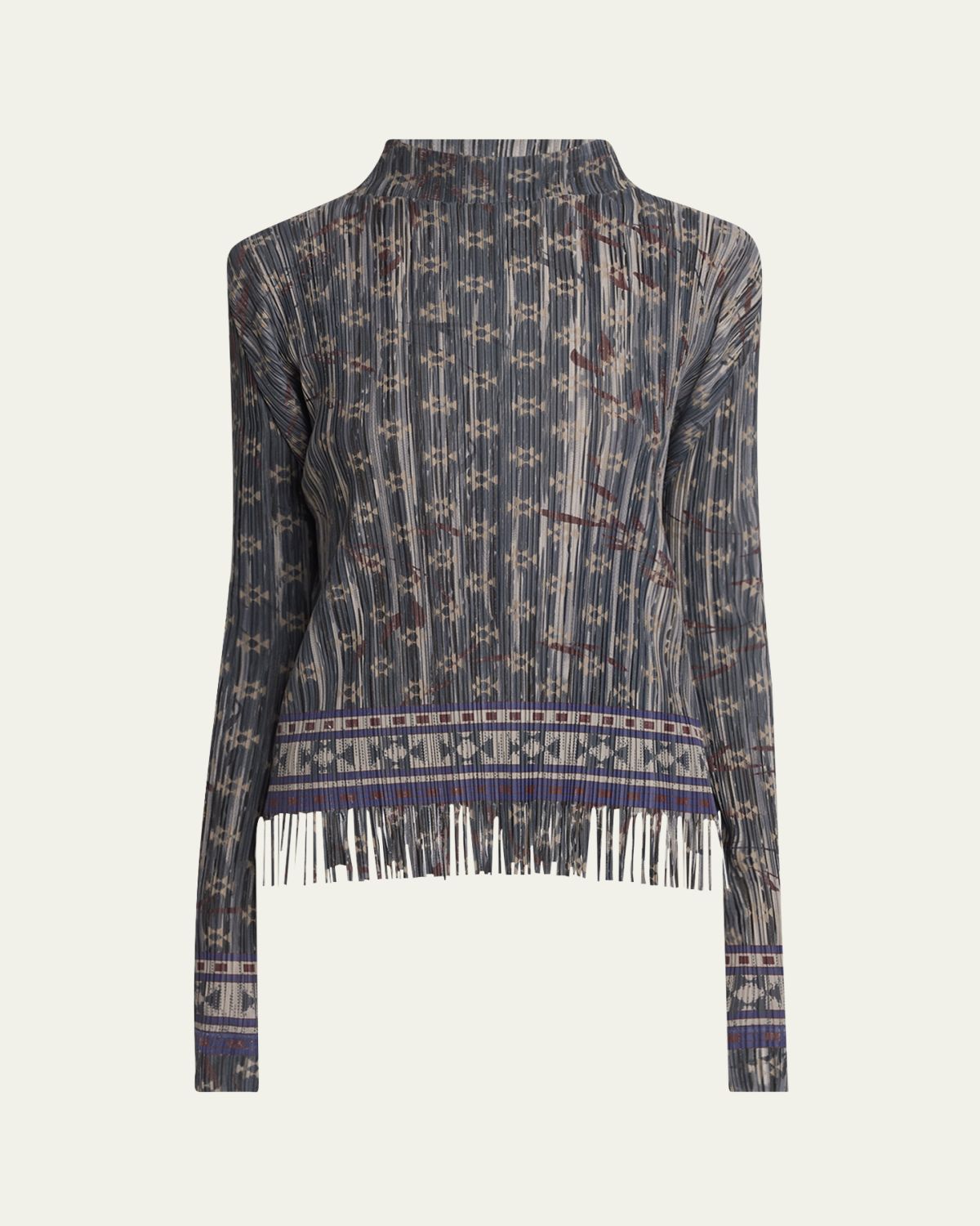 Giorgio Armani Mock-Neck Geo Jersey Plisse Fringe Top