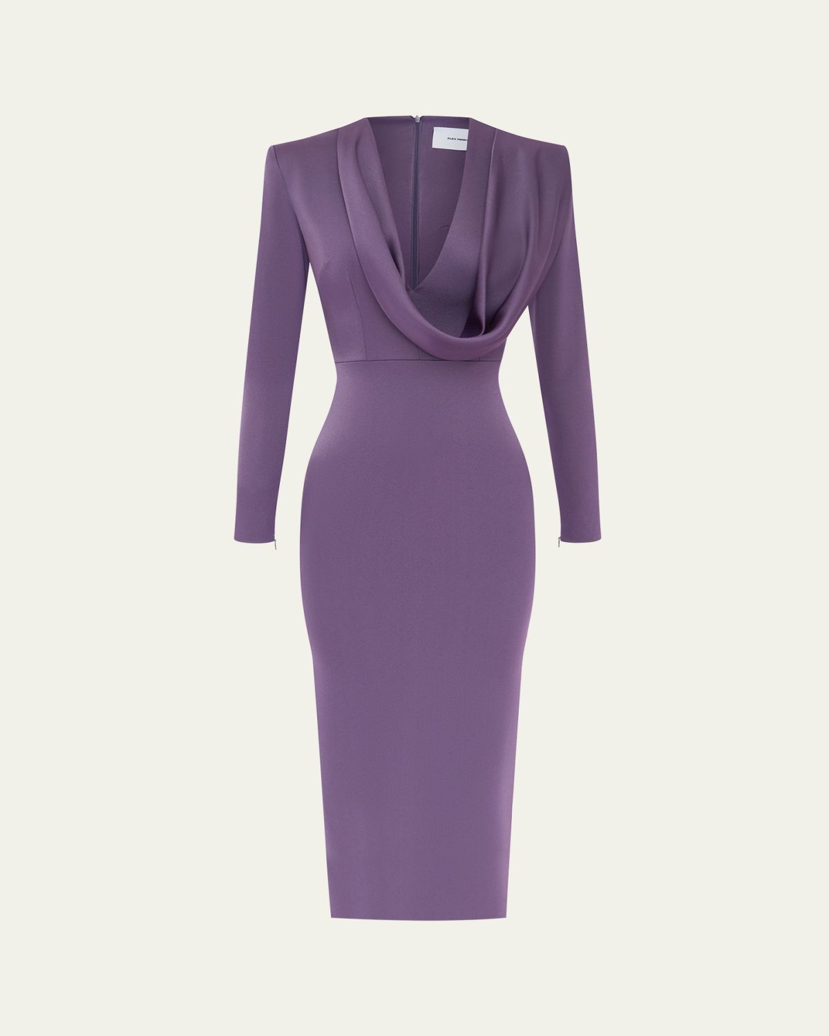 Alex Perry Draped Cowl-Neck Strong-Shoulder Satin Crepe Midi Dress