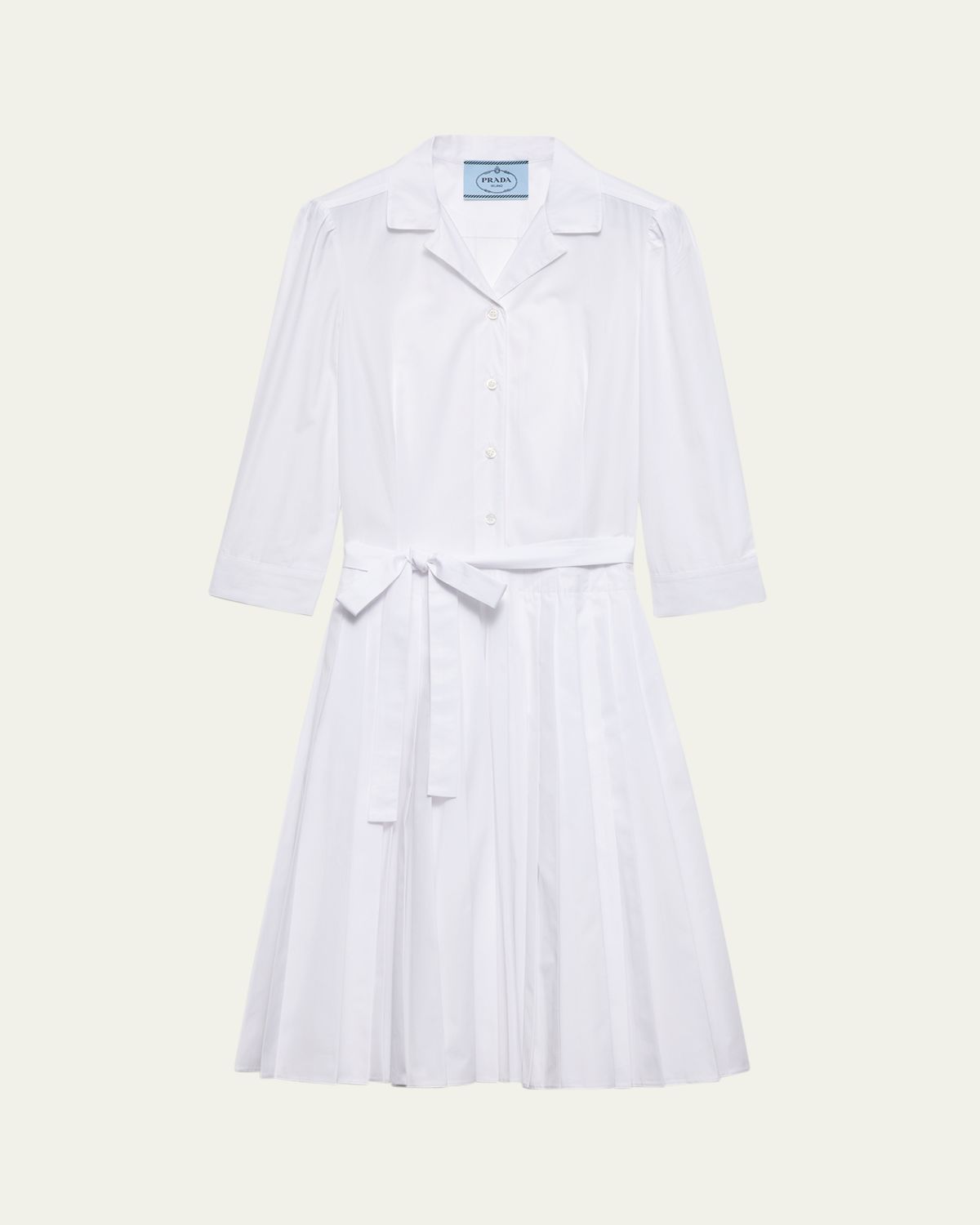Prada Pleated Popeline Neck-Tie Shirtdress