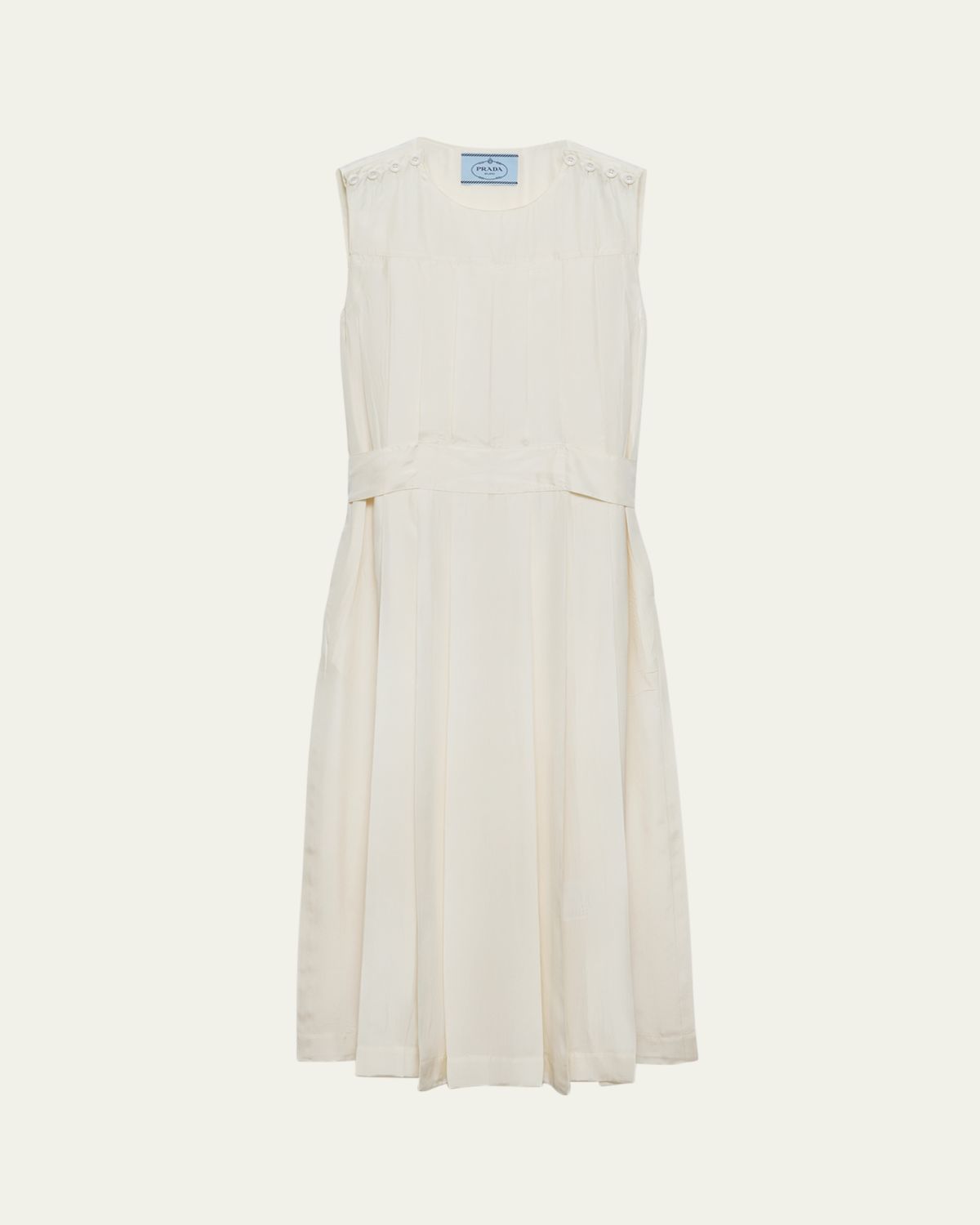 Prada Sleeveless Pleated Ponge Silk Midi Dress
