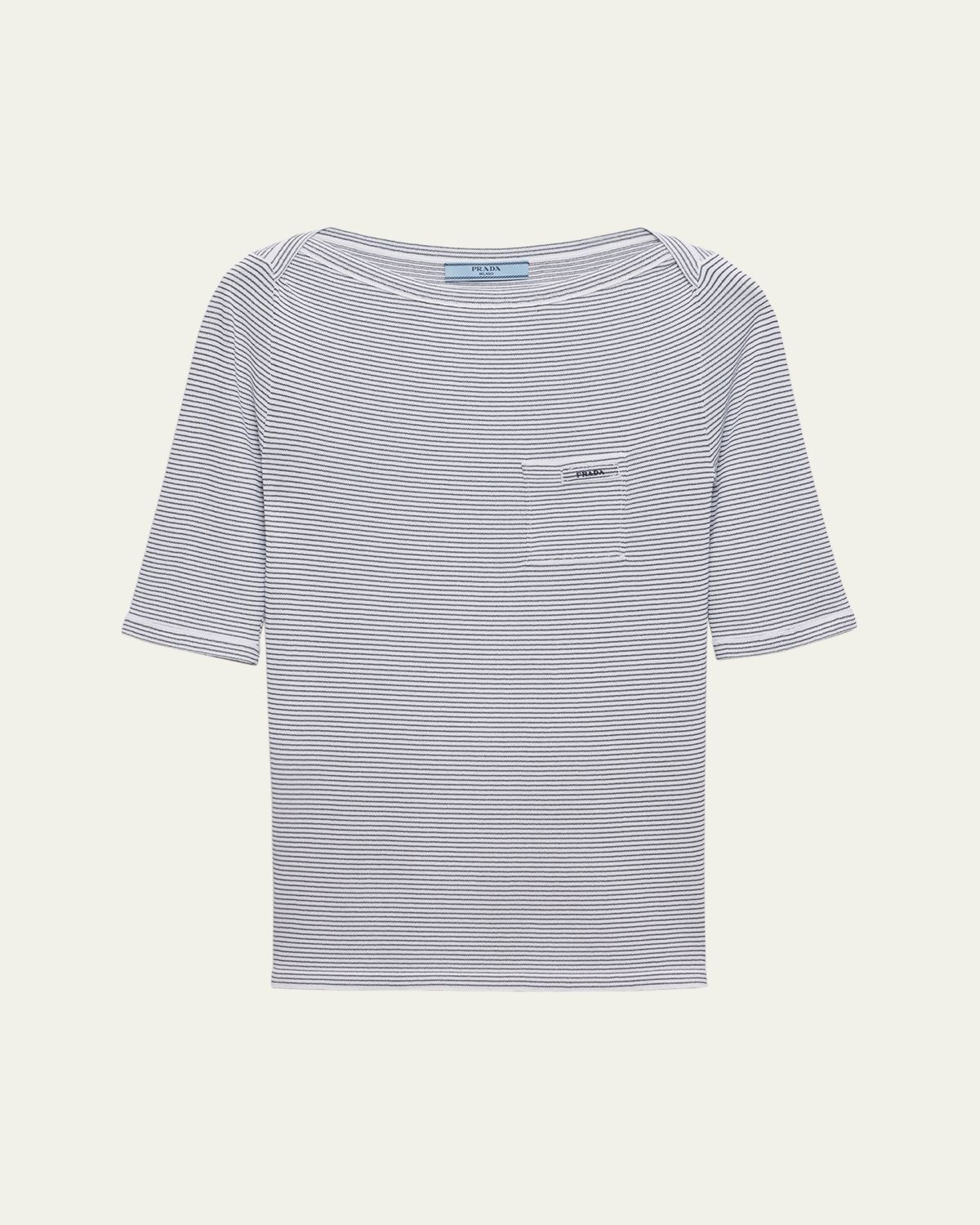 Prada Striped High-Neck Elbow-Sleeve Sweater