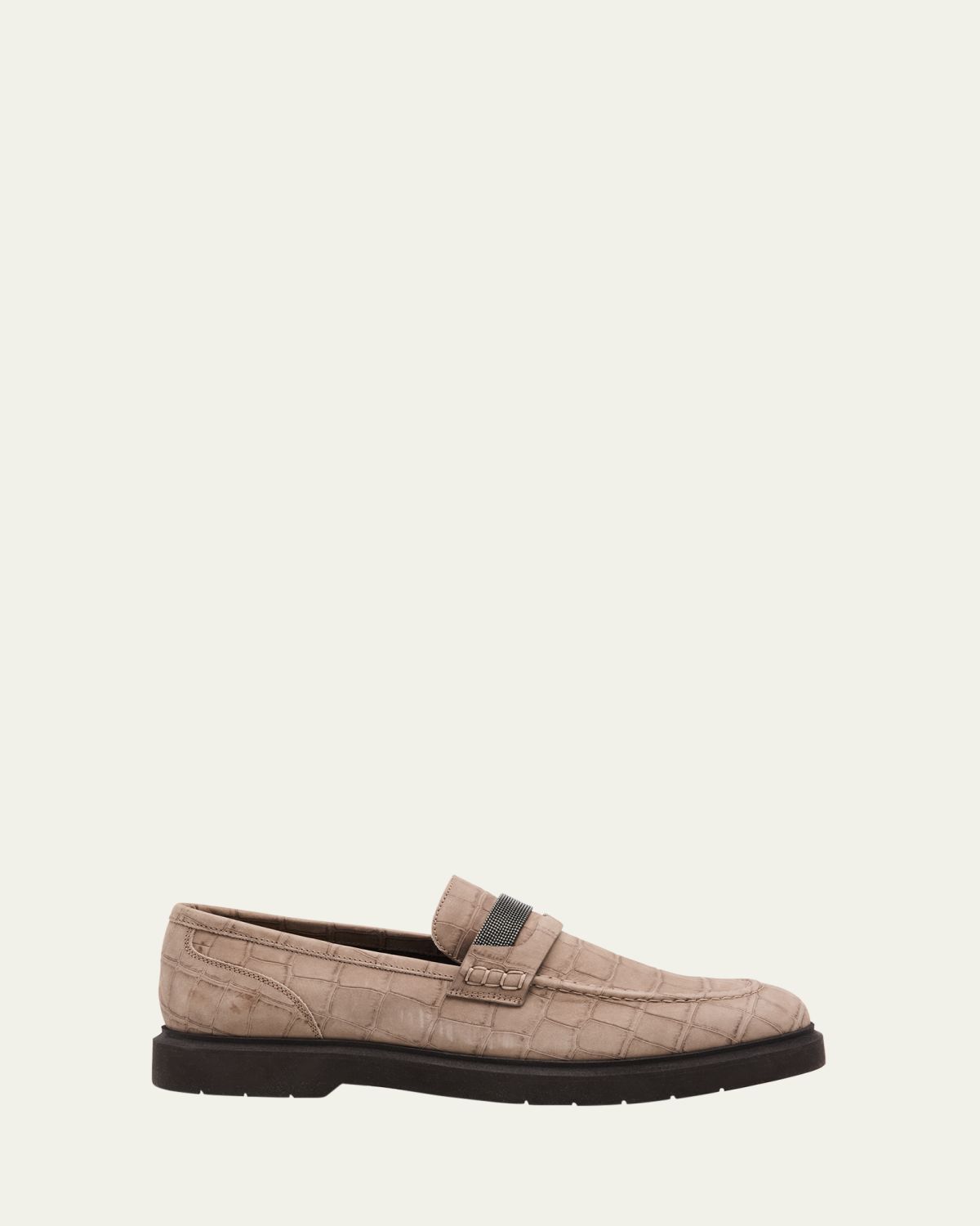 Brunello Cucinelli Croc-Embossed Suede Monili Penny Loafers