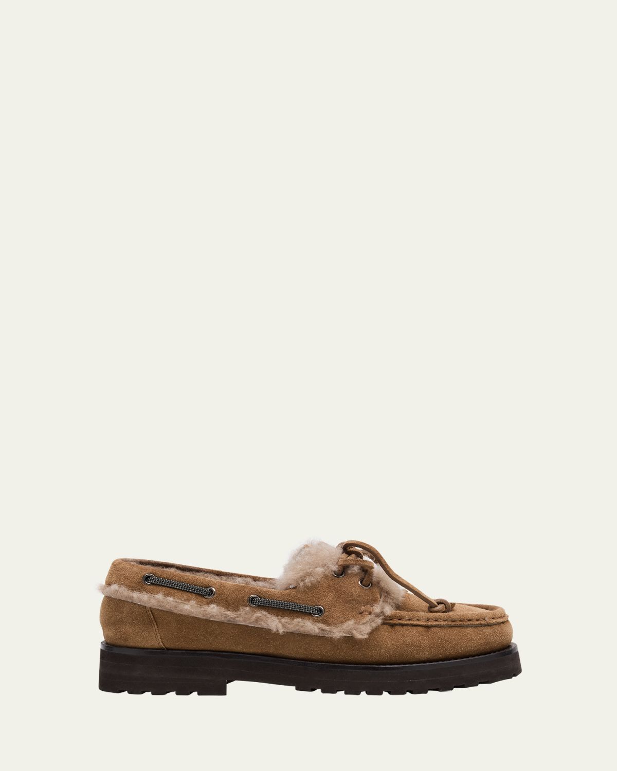 Brunello Cucinelli Monili Detail Shearling-Lined Suede Boat Shoes
