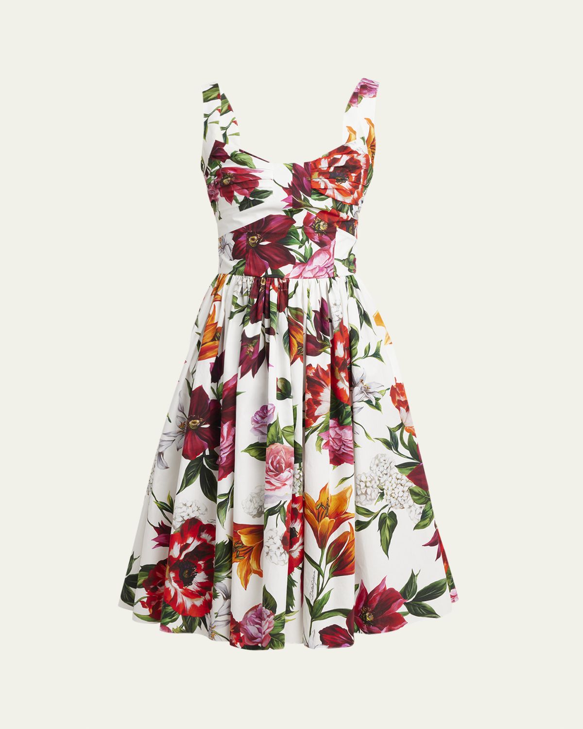Dolce & Gabbana Floral Poplin Pleated Bust Fit-&-Flare Dress