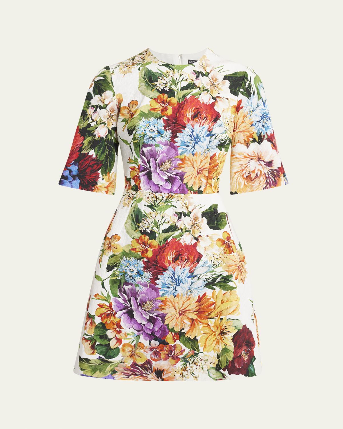 Dolce & Gabbana Floral Bouquet Short-Sleeve Creton Mini Dress