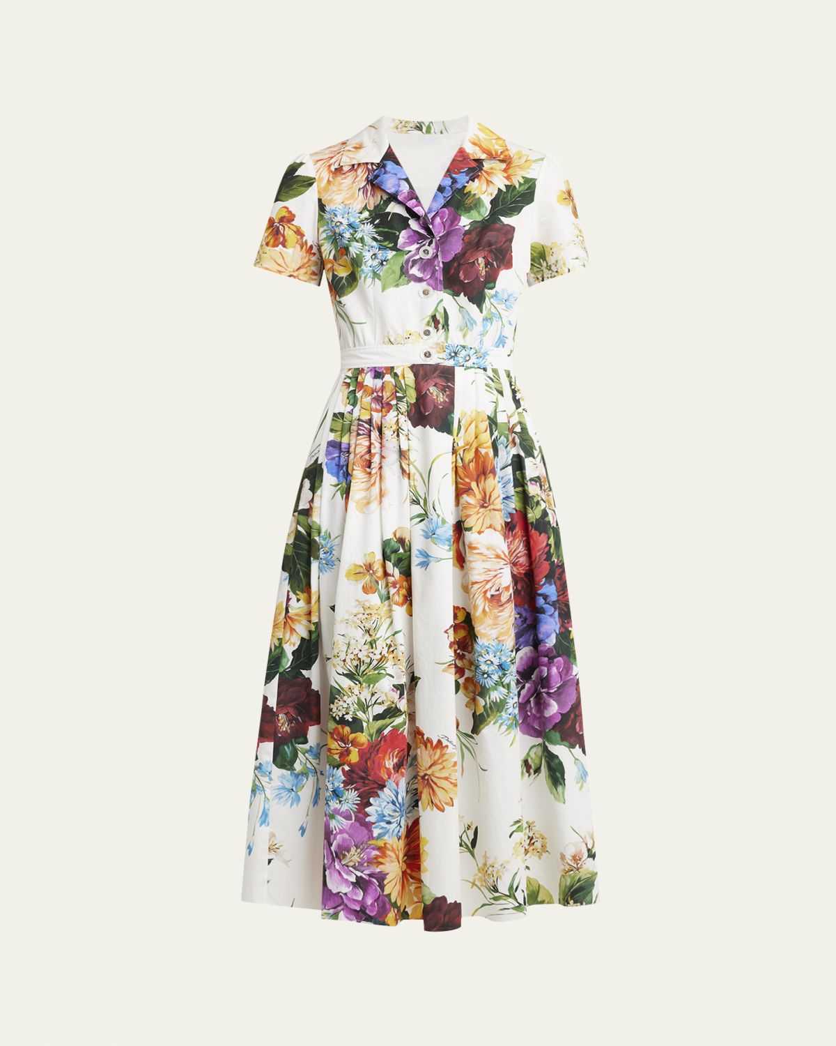 Dolce & Gabbana Bouquet Floral Poplin Short-Sleeve Midi Shirtdress