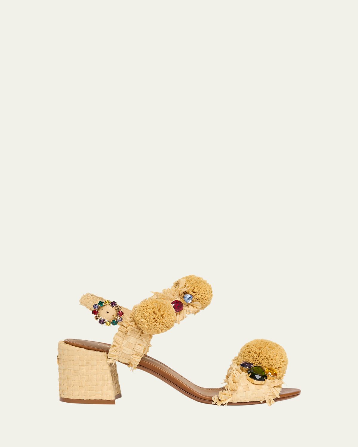 Dolce & Gabbana Raffia Pom Pom Gem Block-Heel Sandals