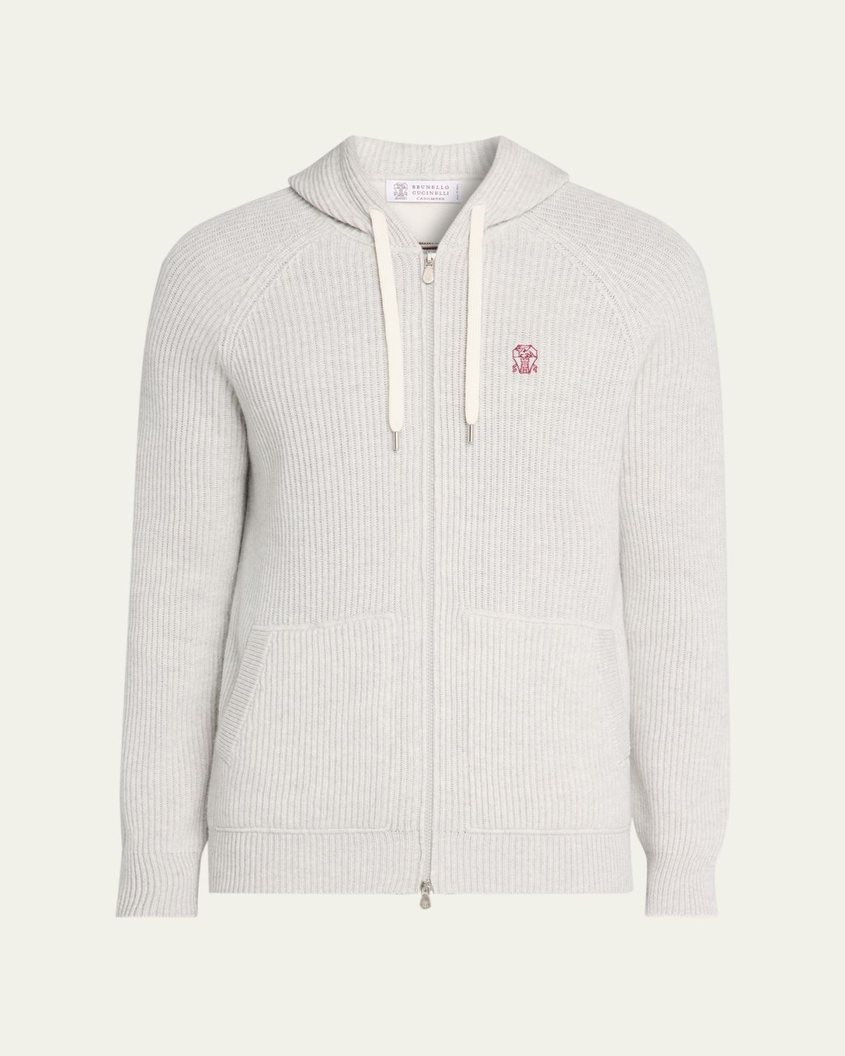Brunello Cucinelli Men's Cashmere Rib Hooded Full-Zip Logo Sweatshirt