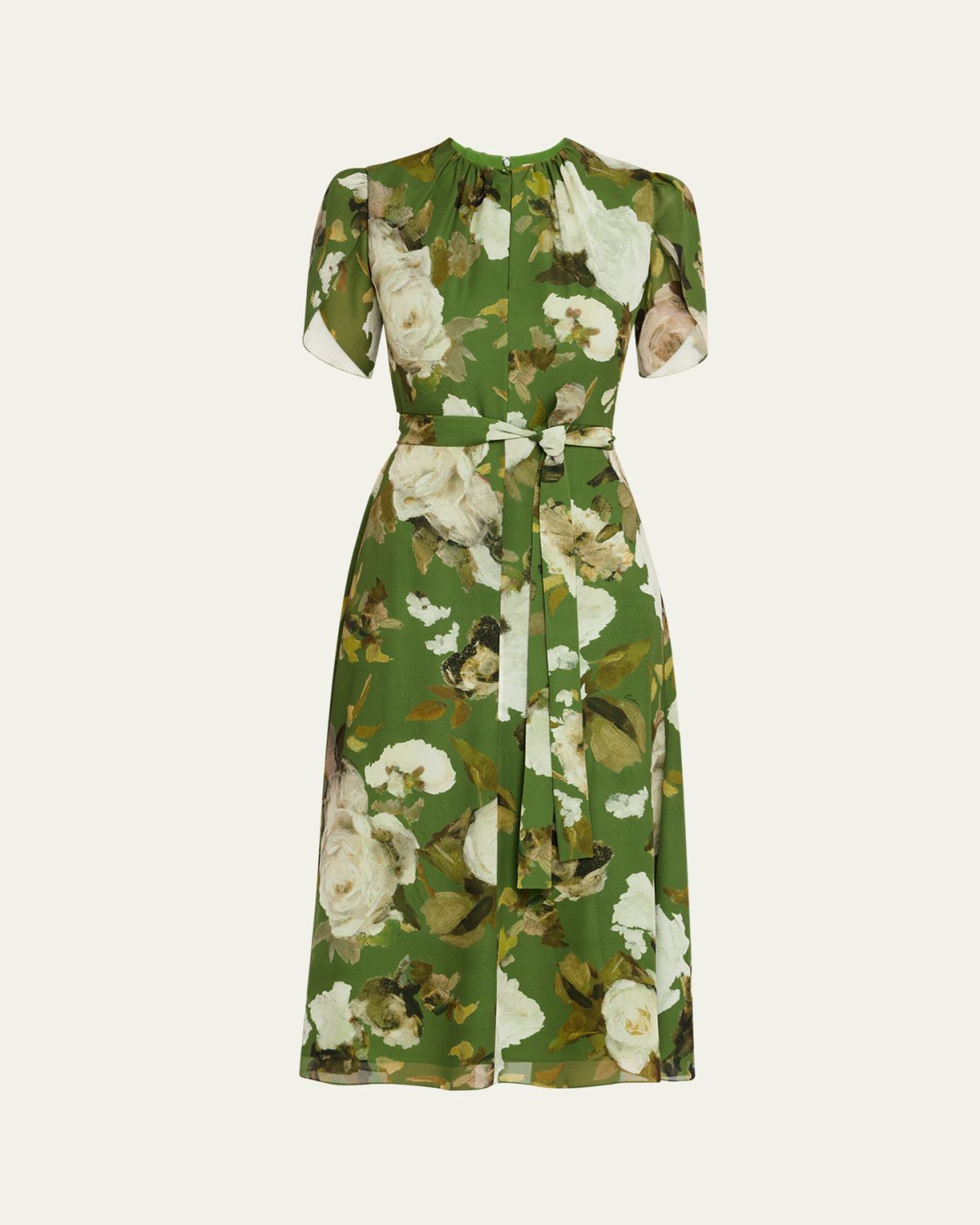 Erdem Floral Silk Short-Sleeve Belted Midi Dress