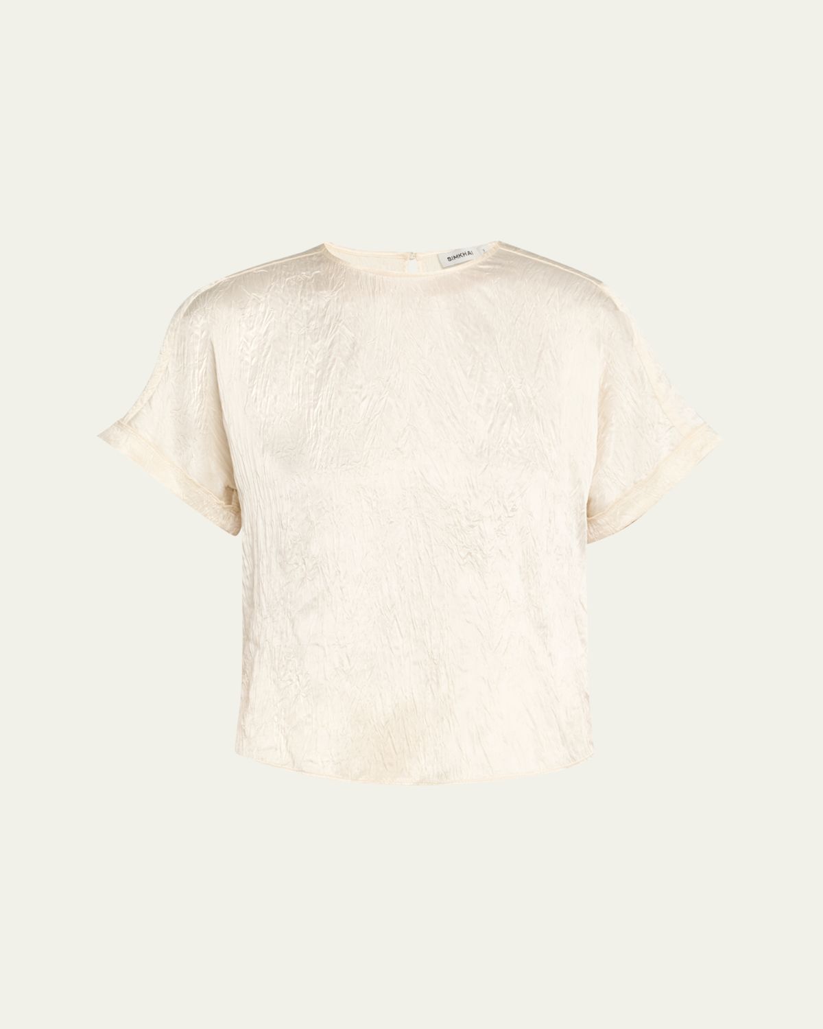 SIMKHAI Addison Short-Sleeve Crinkled Satin Shirt