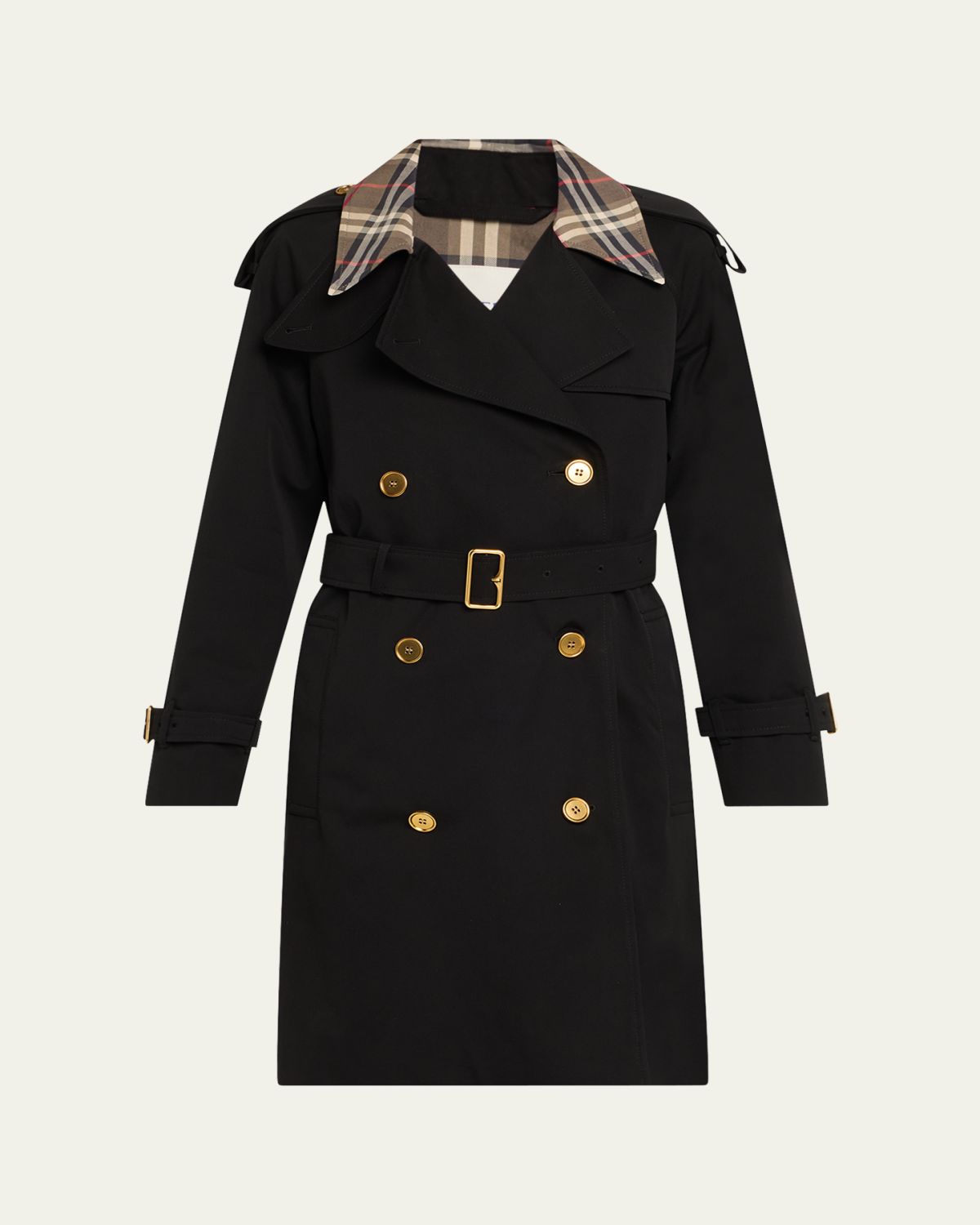Burberry Castleford Check-Collar Belted Short Trench Coat
