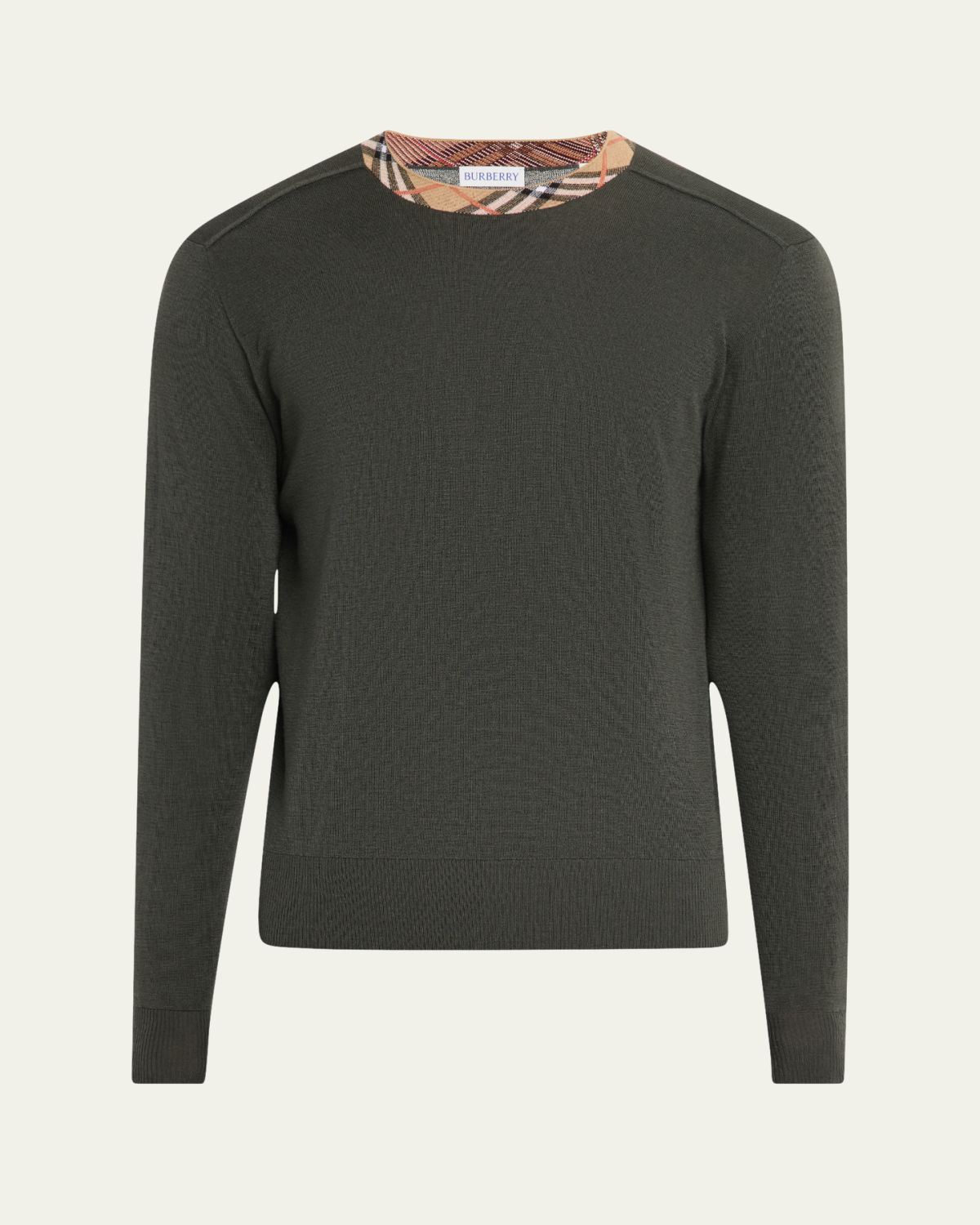 Burberry Men's Wool Knit Check-Trim Crewneck Sweater