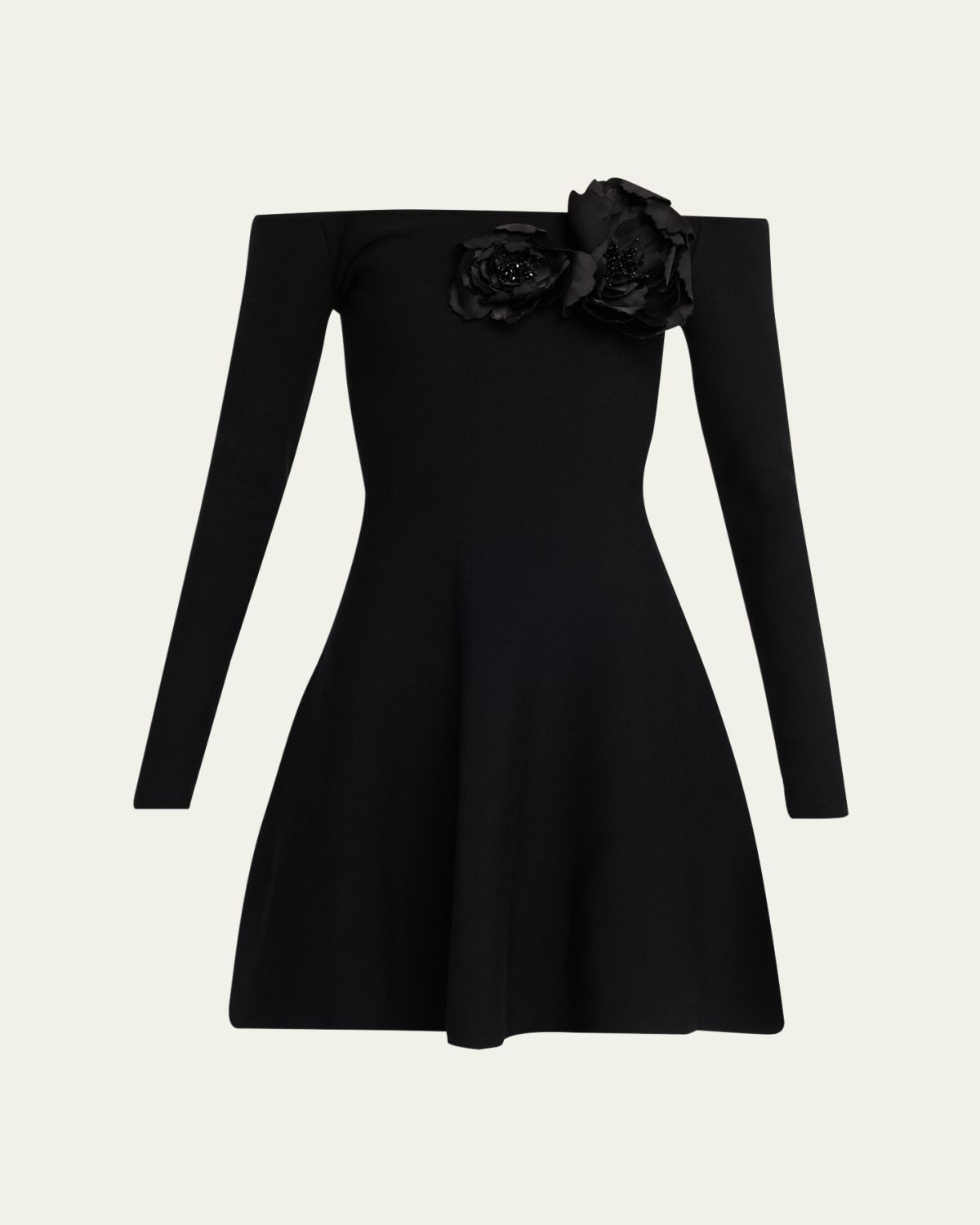 Oscar de la Renta Off-The-Shoulder Flower Applique Long-Sleeve Knit Mini Dress