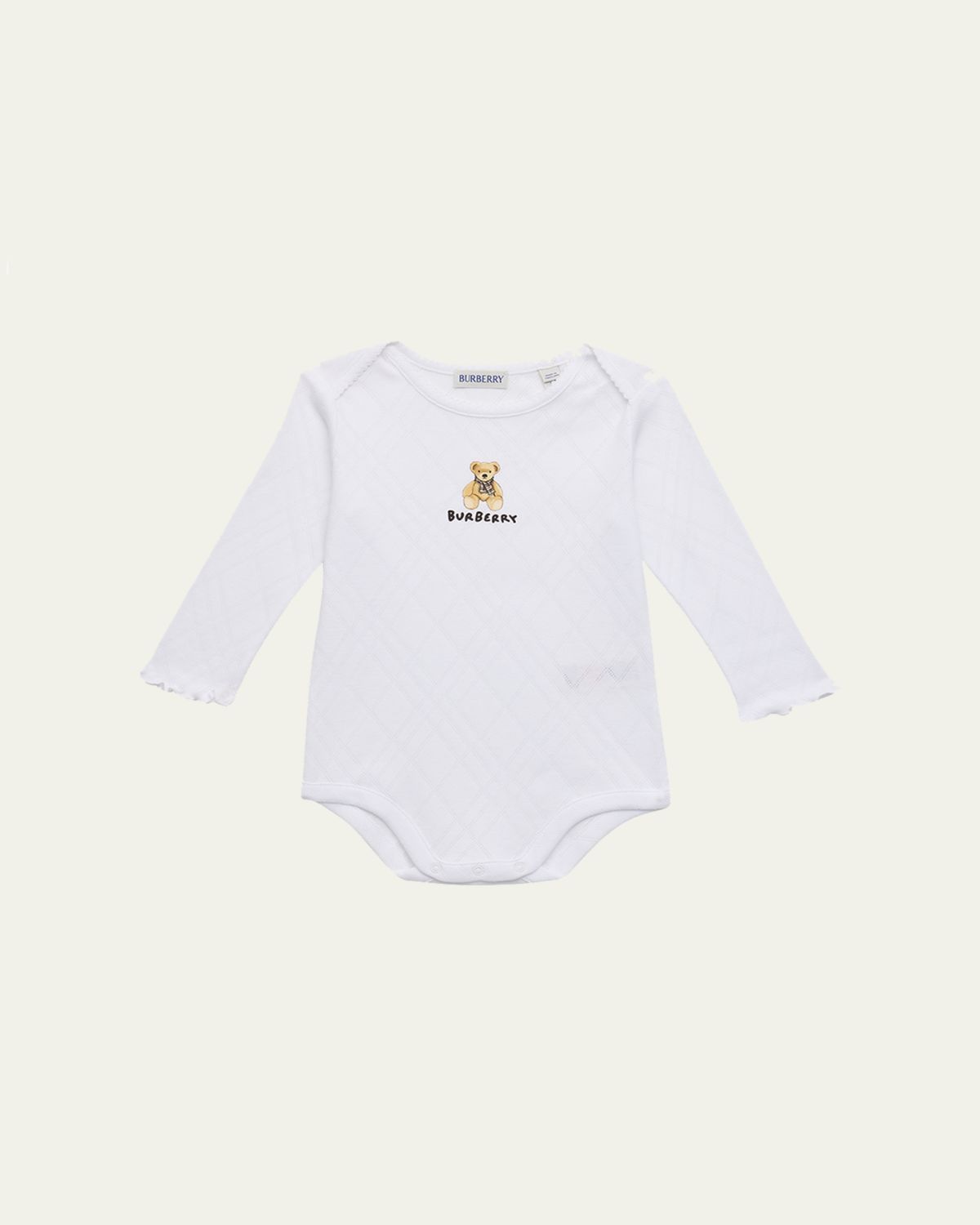 Burberry Kid 's Annie Bear Pointelle Bodysuit with Lettuce Edges, Size Newborn-18M