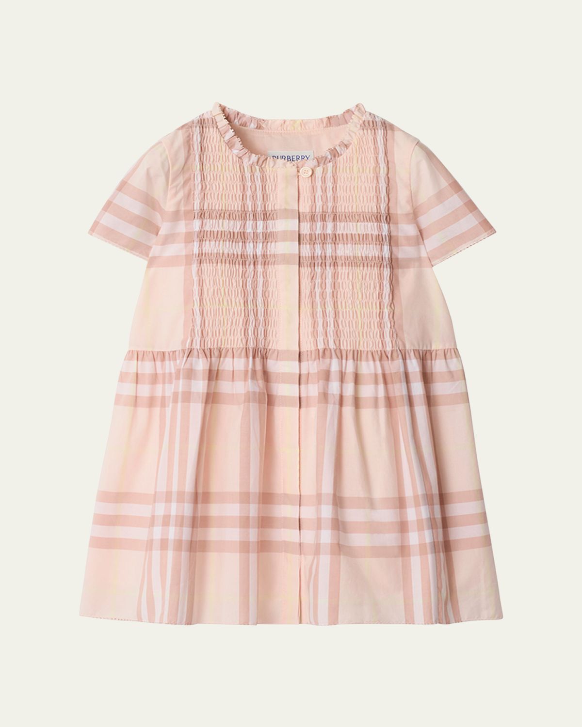 Burberry Girl 's Rose Check Smocked Poplin Cap-Sleeve Dress, Size 12M-2