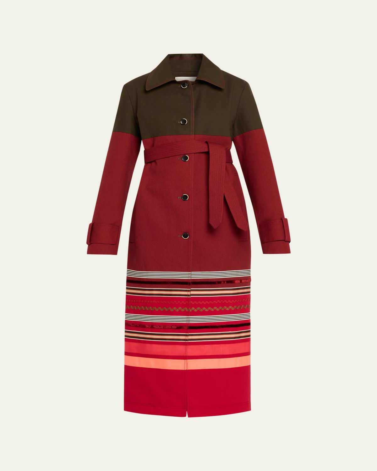 CHRISTOPHER JOHN ROGERS Embroidered Stripe Belted Long Trench Coat
