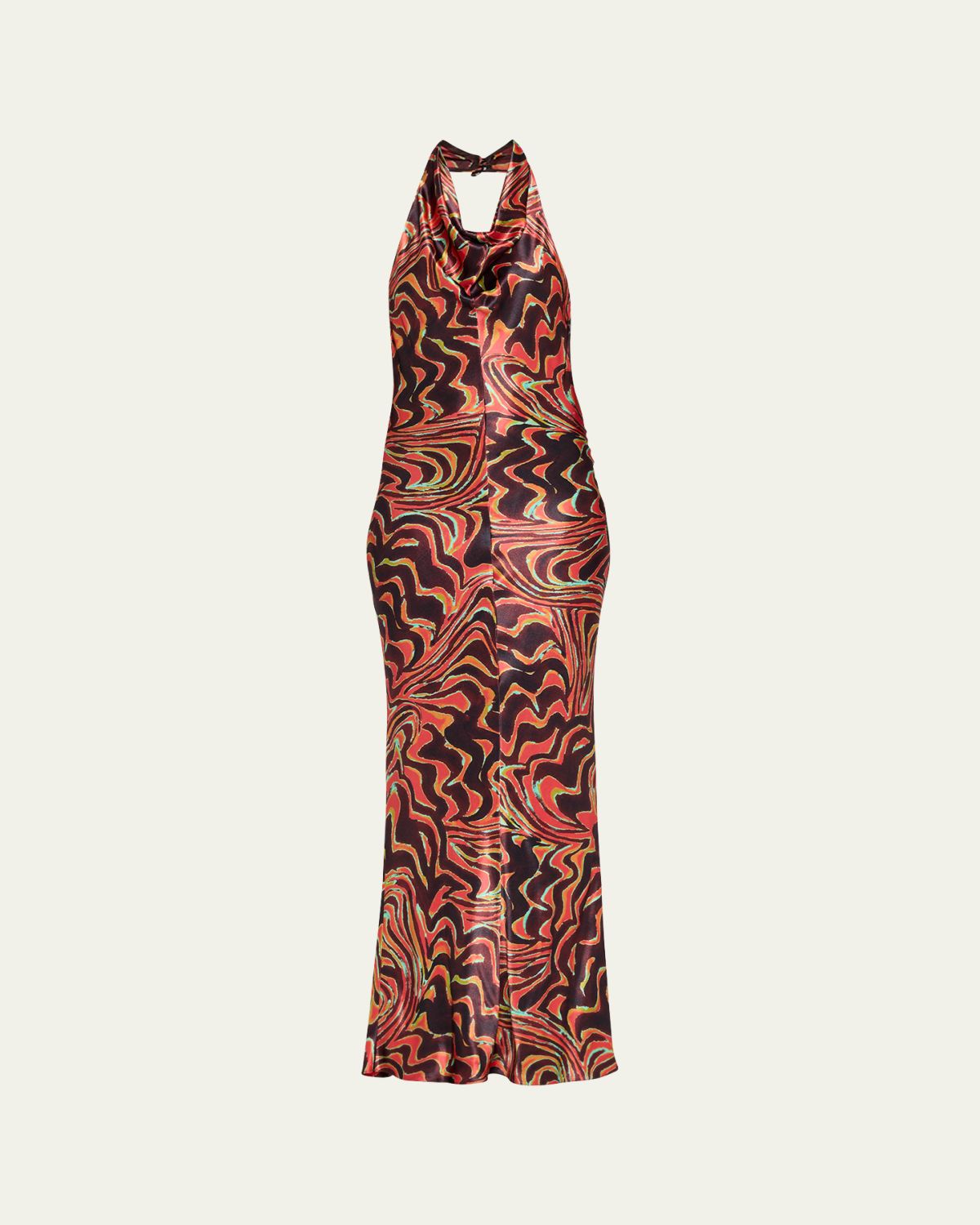 CHRISTOPHER JOHN ROGERS Wavy-Print Satin Cowl-Neck Halter Gown