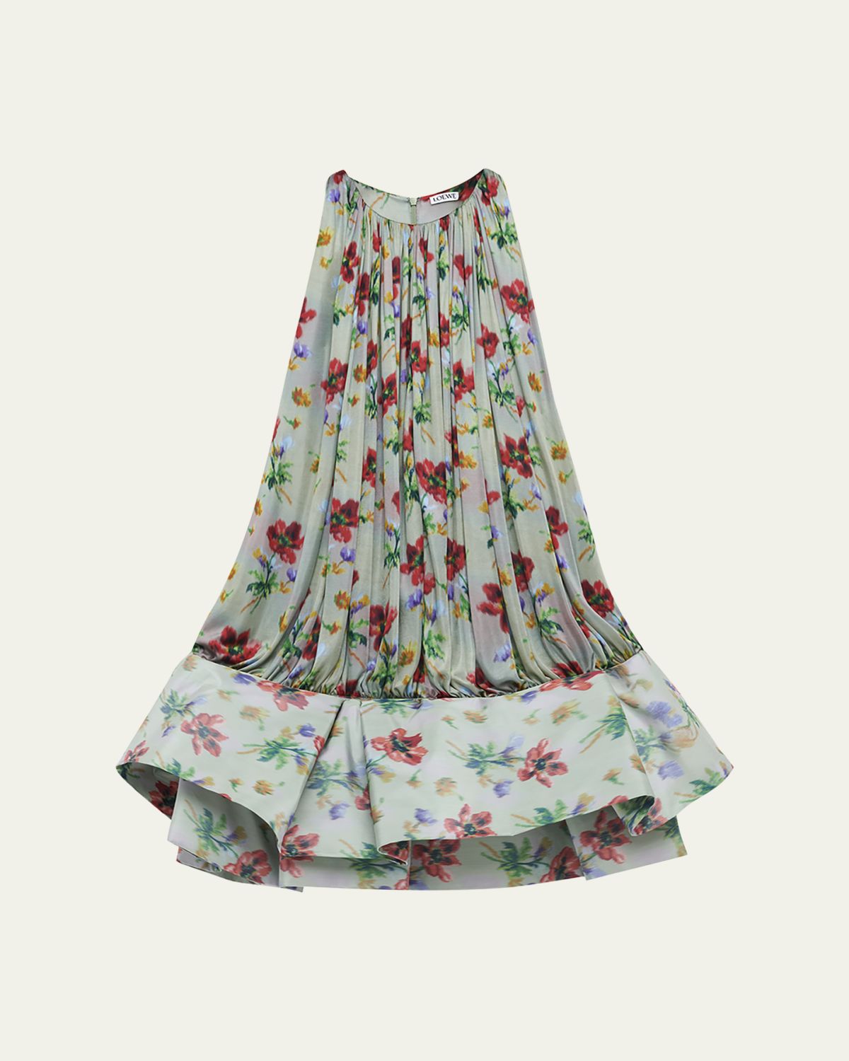 Loewe Flamenco Pleated Floral Satin Drop-Waist Mini Dress