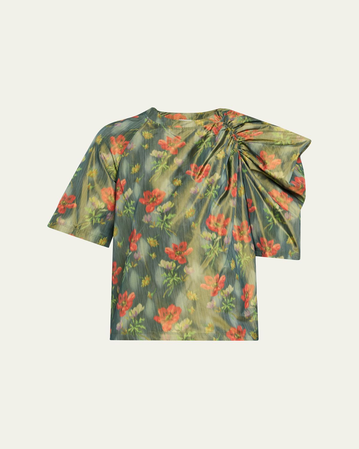 Loewe Floral Taffeta Asymmetric Puff Shoulder Top