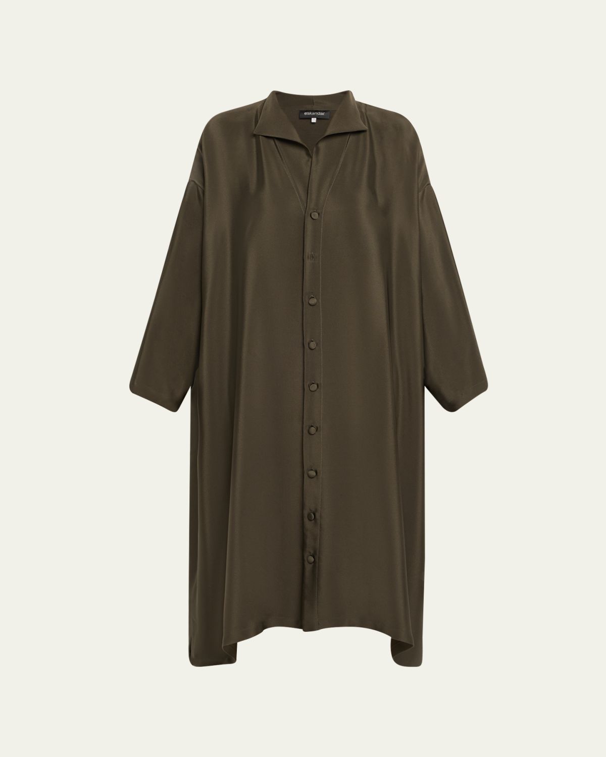 Eskandar Wide A-Line Midi Shirtdress With Open Standup Collar