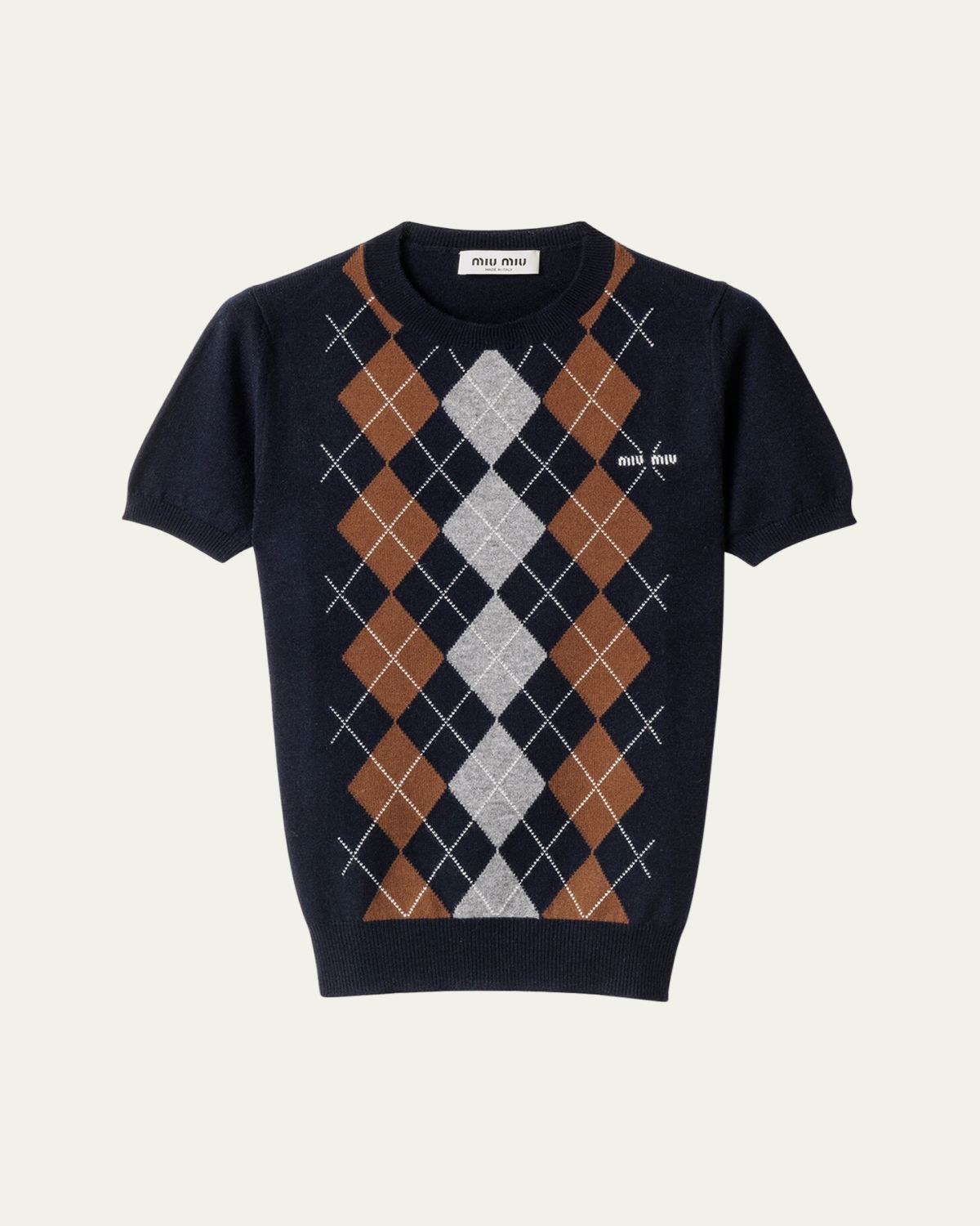 Miu Miu Cashmere Argyle Short-Sleeve Sweater