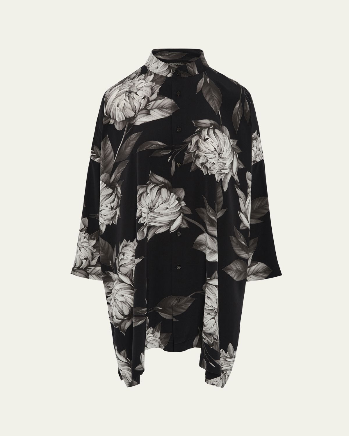 Eskandar Wide Longer-Back Collarless Shirt With Slits (Very Long Length)