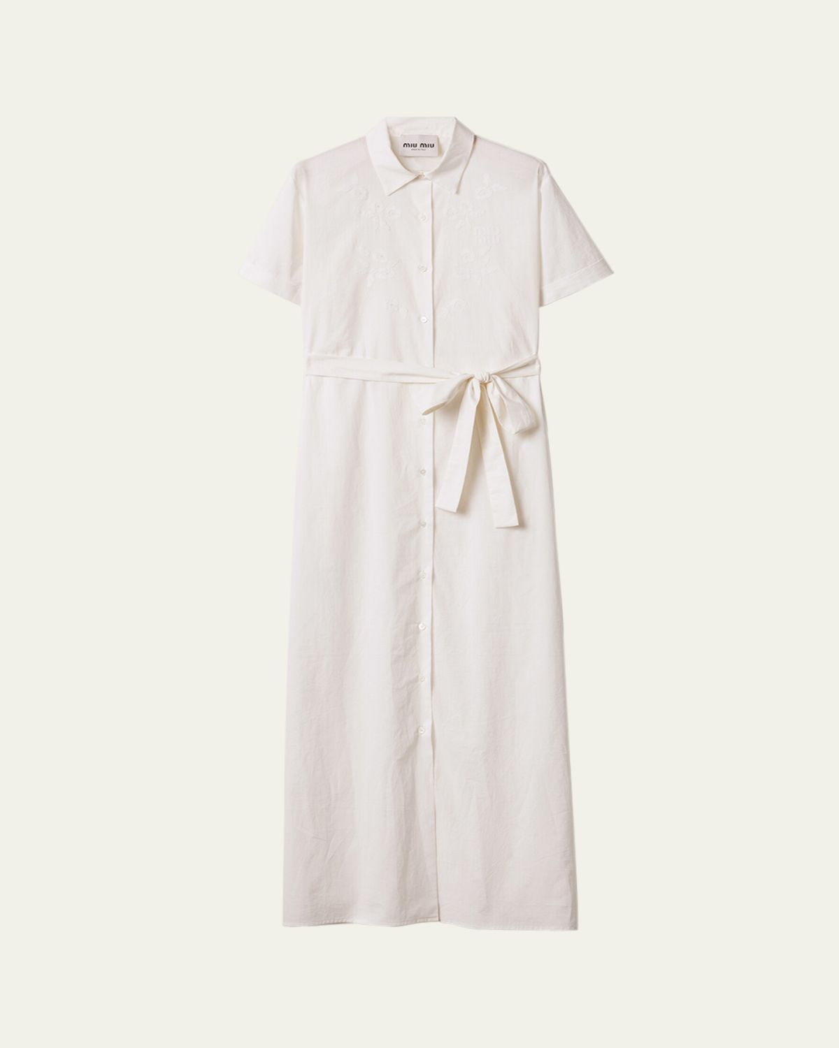 Miu Miu Batista Floral Embroidered Short-Sleeve Belted Maxi Shirtdress