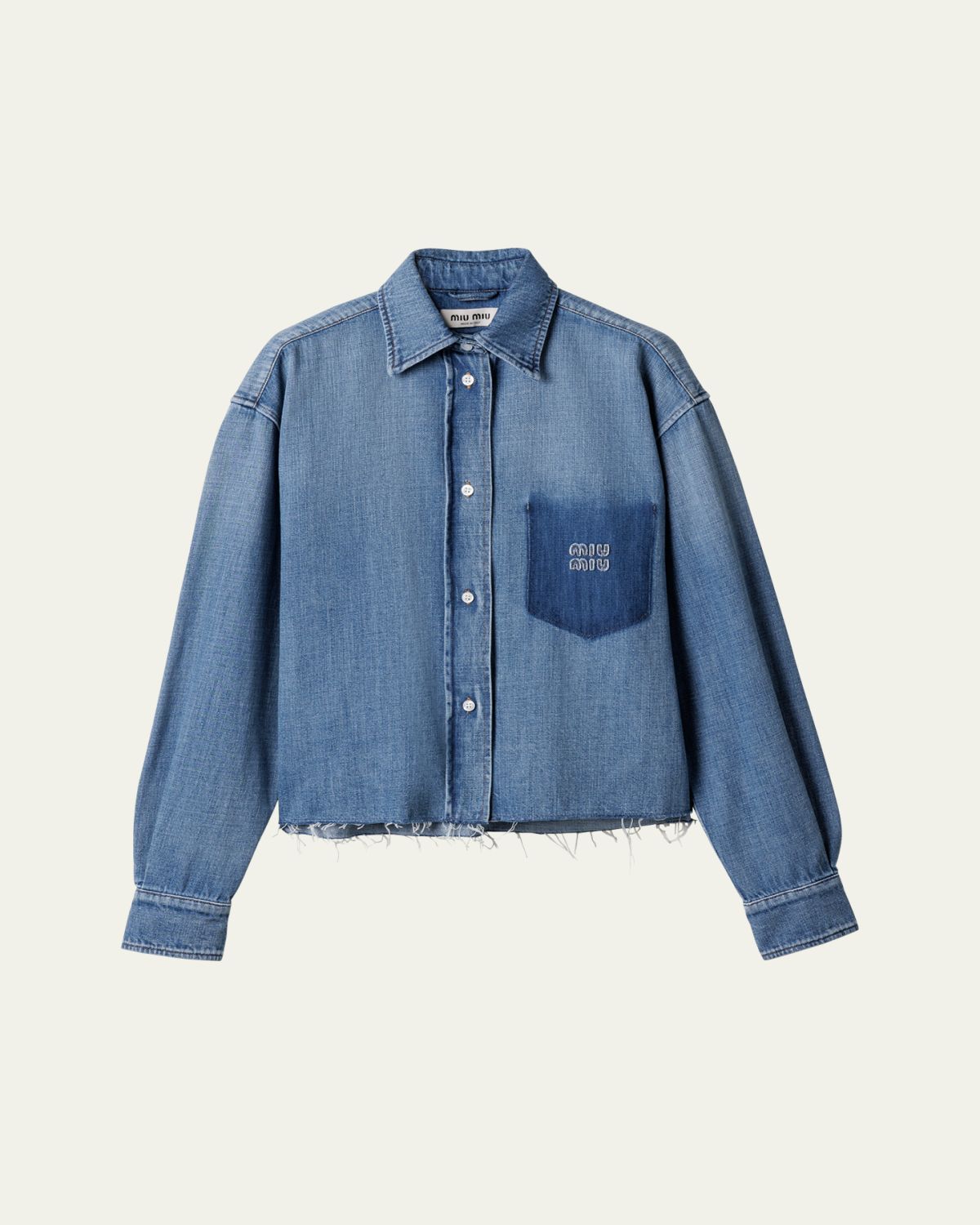 Miu Miu Denim Long-Sleeve Crop Button-Down Shirt - Women's Clothing