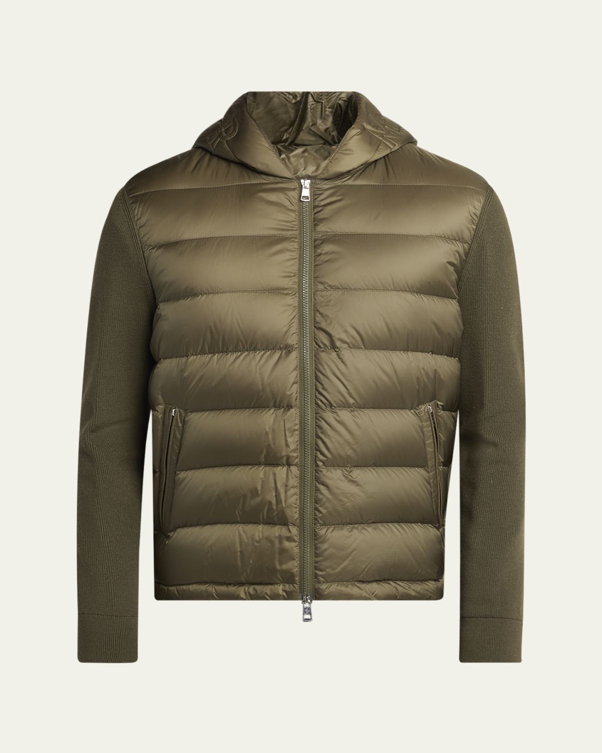 Moncler Men's Padded Nylon Knit-Sleeve Hooded Cardigan