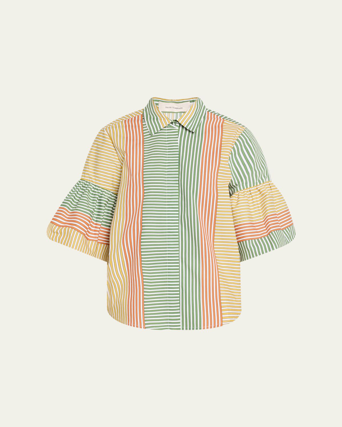 Silvia Tcherassi Helina Multi-Striped Puff-Sleeve Button-Down Top