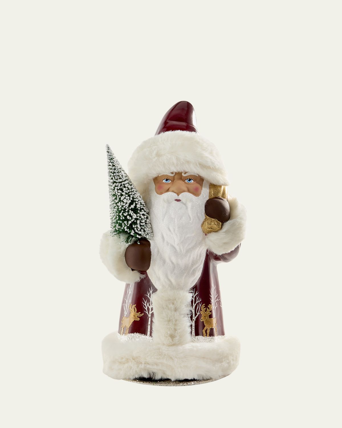 Bergdorf Goodman Burgundy Santa with Golden Deer & Faux Fur Figurine