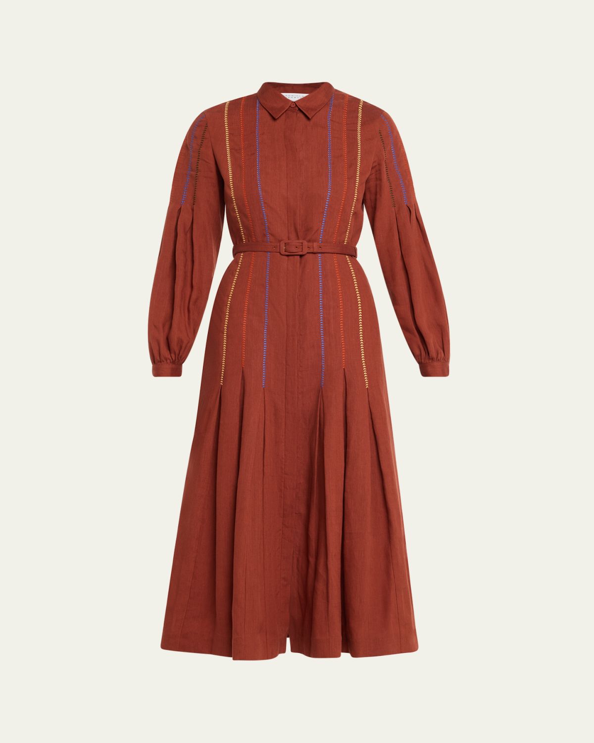 Gabriela Hearst Aleka Pleated Linen Long-Sleeve Midi Shirtdress