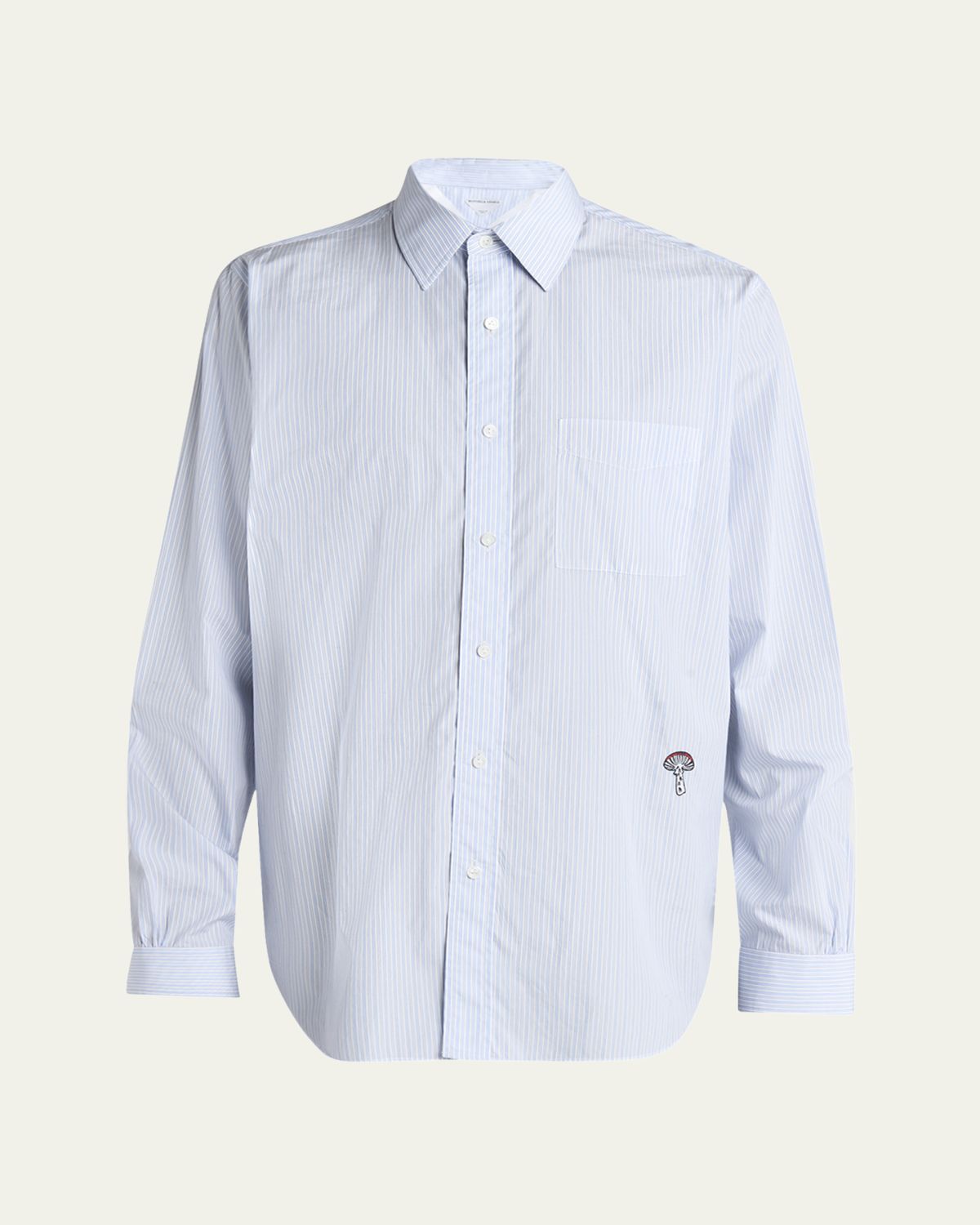 Bottega Veneta Men's Fine Stripe Poplin Shirt with Embroidered Mushroom Patch