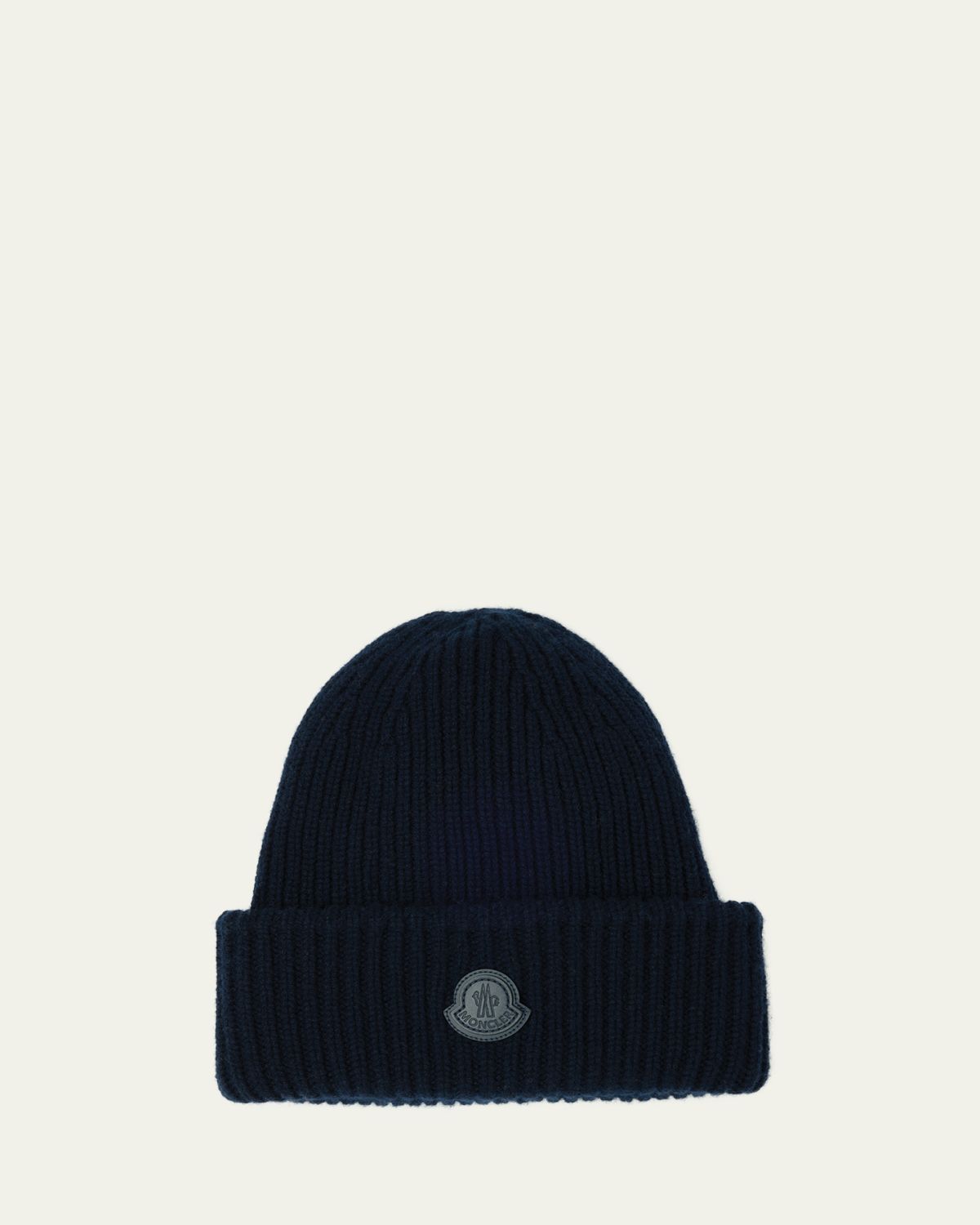 Moncler Men 's Cashmere Rib Leather-Logo Beanie Hat