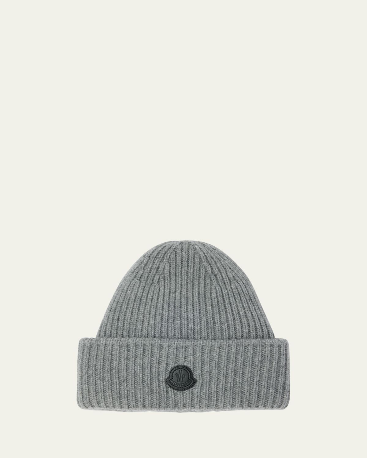 Moncler Men's Cashmere Rib Leather-Logo Beanie Hat | Thumbnail 4 Moncler Men's Cashmere Rib Leather-Logo Beanie Hat | Thumbnail 4