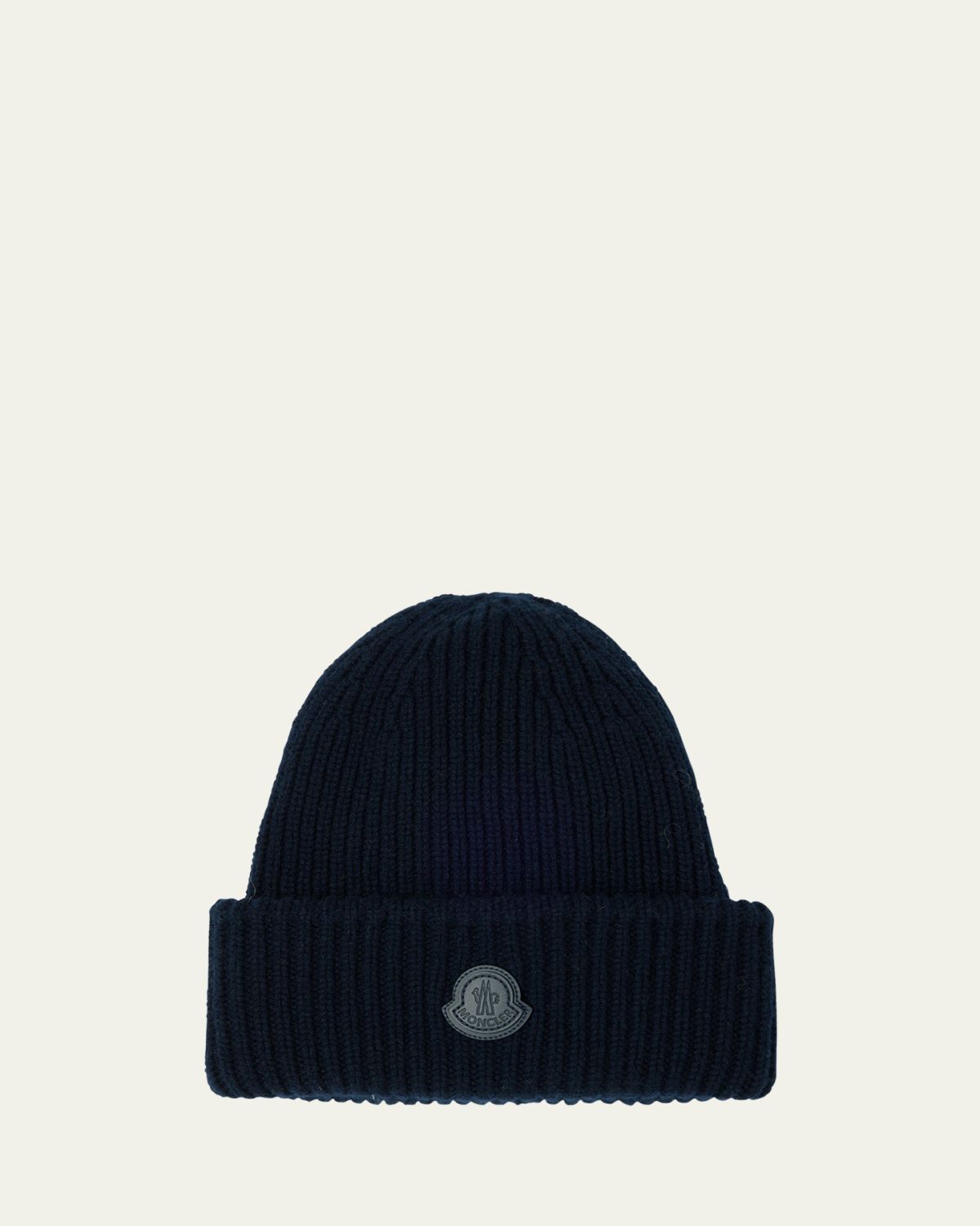 Moncler Men's Cashmere Rib Leather-Logo Beanie Hat | Thumbnail 3