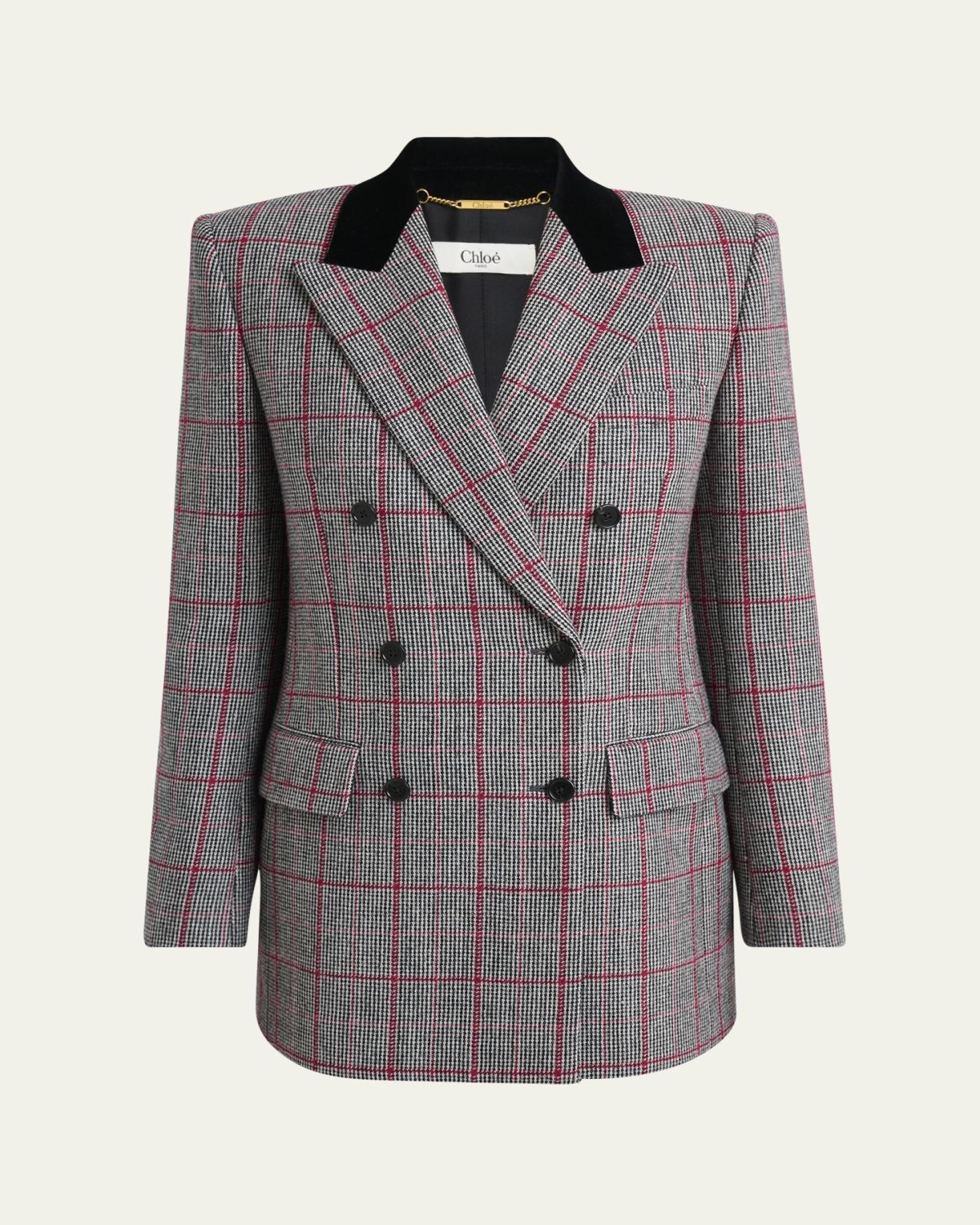 Chloe Check Wool Velvet-Trim Double-Breasted Jacket | Thumbnail 6 Chloe Check Wool Velvet-Trim Double-Breasted Jacket | Thumbnail 6