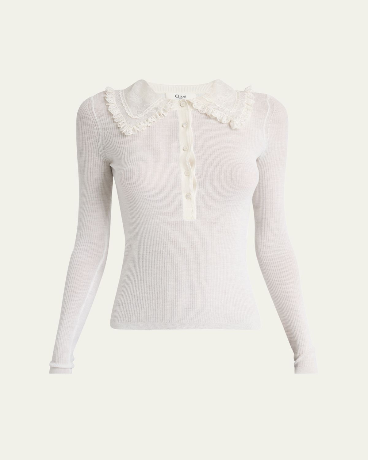 Chloe Lace-Collar Superfine Wool Rib Knit Top
