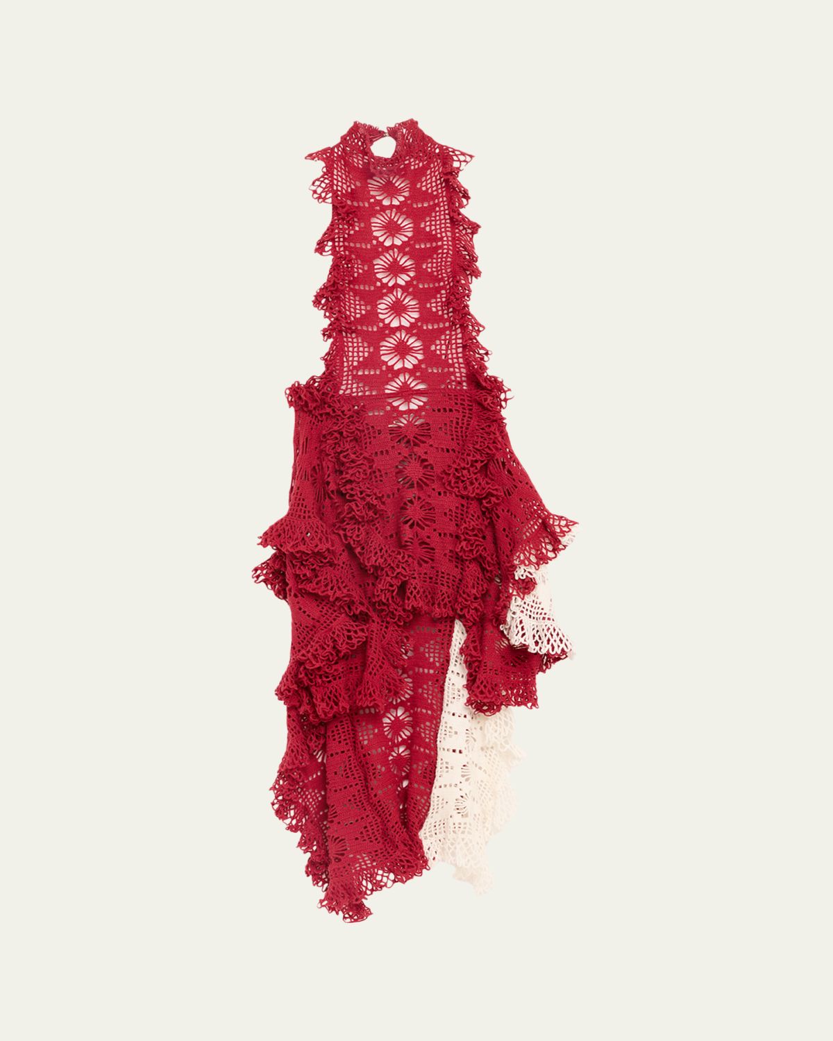 Diotima Spade Crochet Knit Ruffle Halter Backless Mini Dress