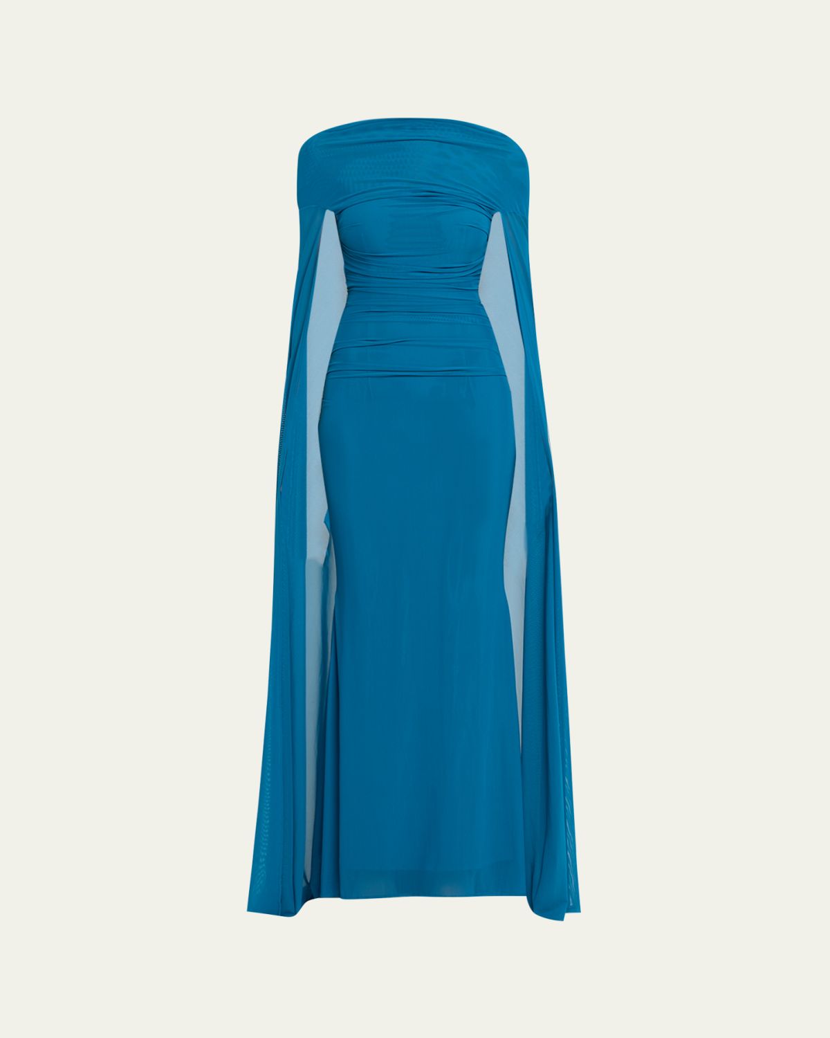 Talbot Runhof Ruched Mesh Cape Evening Gown