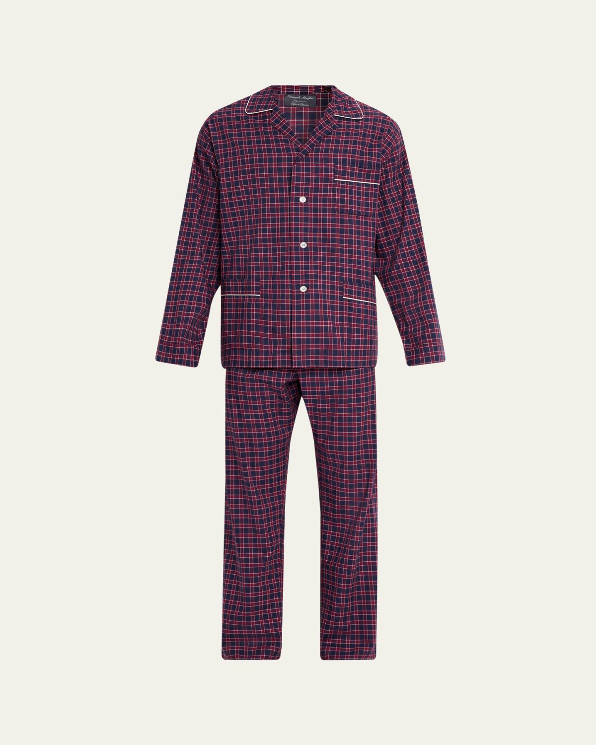 Emanuele Maffeis Men's Plaid Flannel Long Pajama Set with Piping