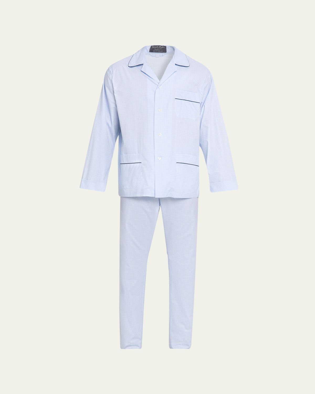 Emanuele Maffeis Men's Cotton Micro-Plaid Long Pajama Set with Piping