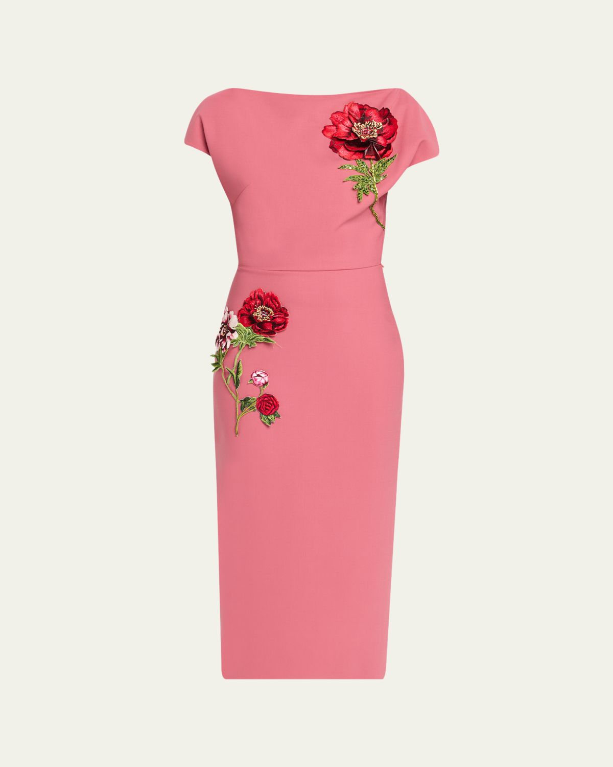 Oscar de la Renta Floral Embroidered Short-Sleeve Wool Midi Dress