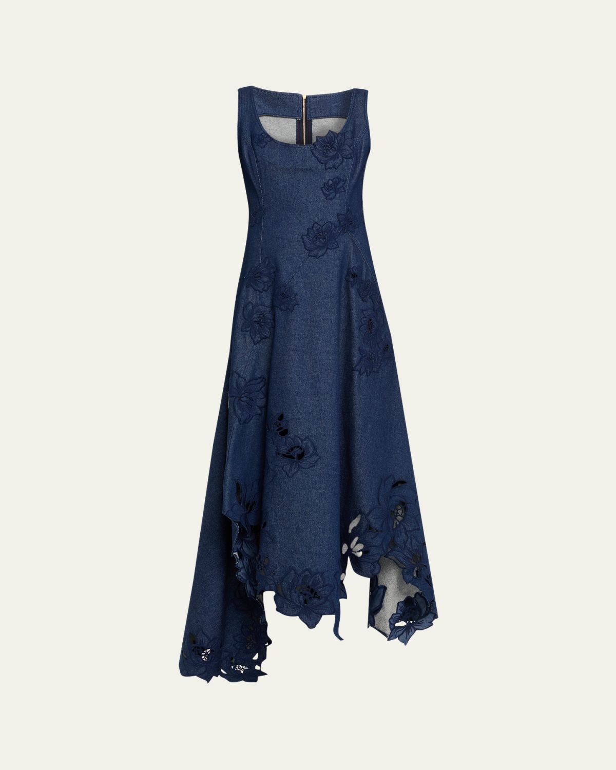 Oscar de la Renta Flower Embroidered Denim Sleeveless Maxi Dress
