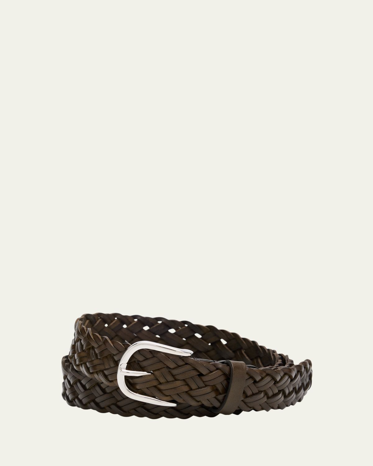 Brioni Men's Woven Leather Rounded-Buckle Belt