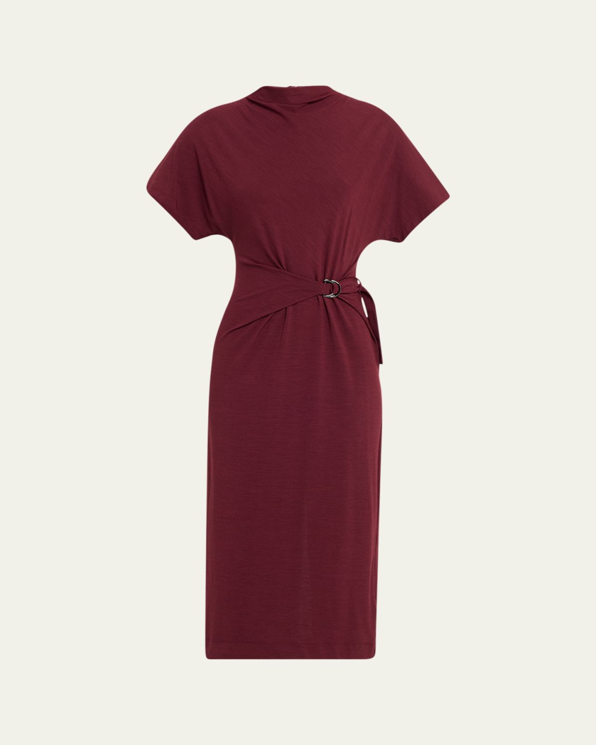 Brunello Cucinelli Drape Short-Sleeve Wool Jersey Midi Wrap Dress | Thumbnail 6