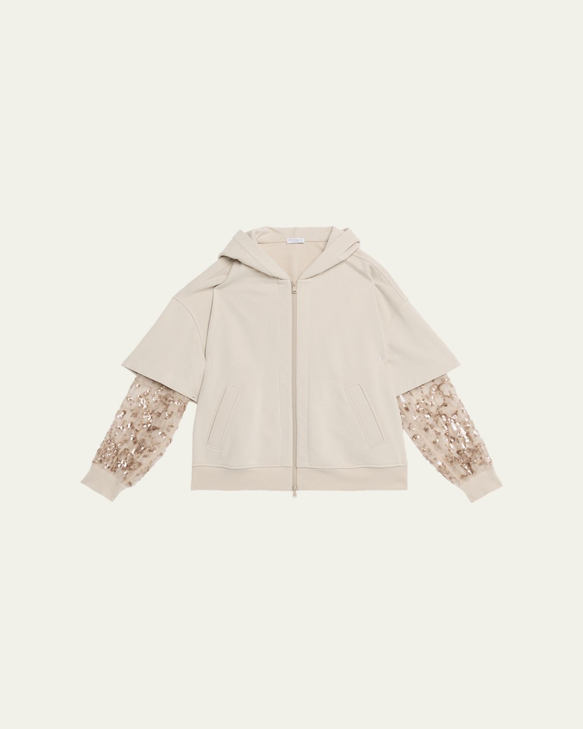 Brunello Cucinelli Hooded Zip Jacket with Sheer Sequined Raindrop Sleeves