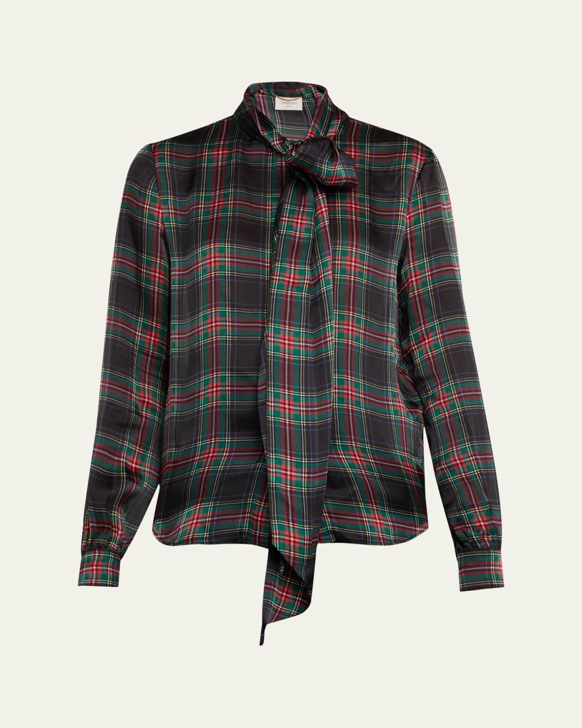 Saint Laurent Plaid Tie-Neck Silk Blouse
