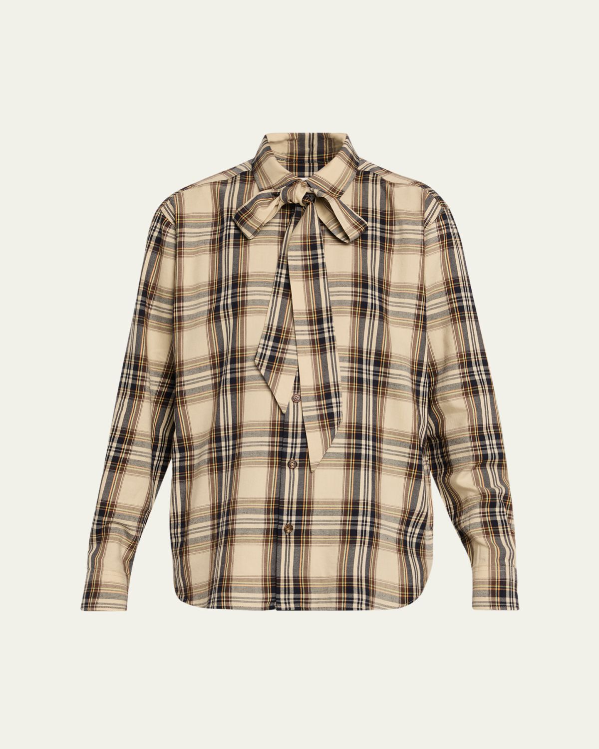 Saint Laurent Neck-Tie Plaid Button-Down Blouse