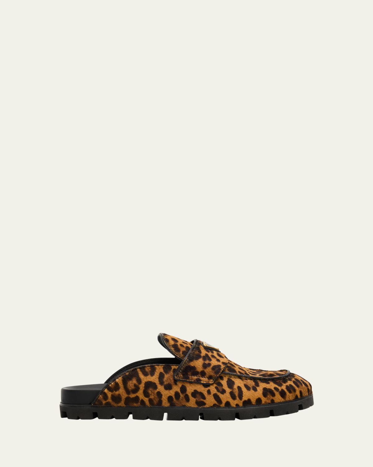 Prada Leopard Calf Hair Triangle Logo Mules